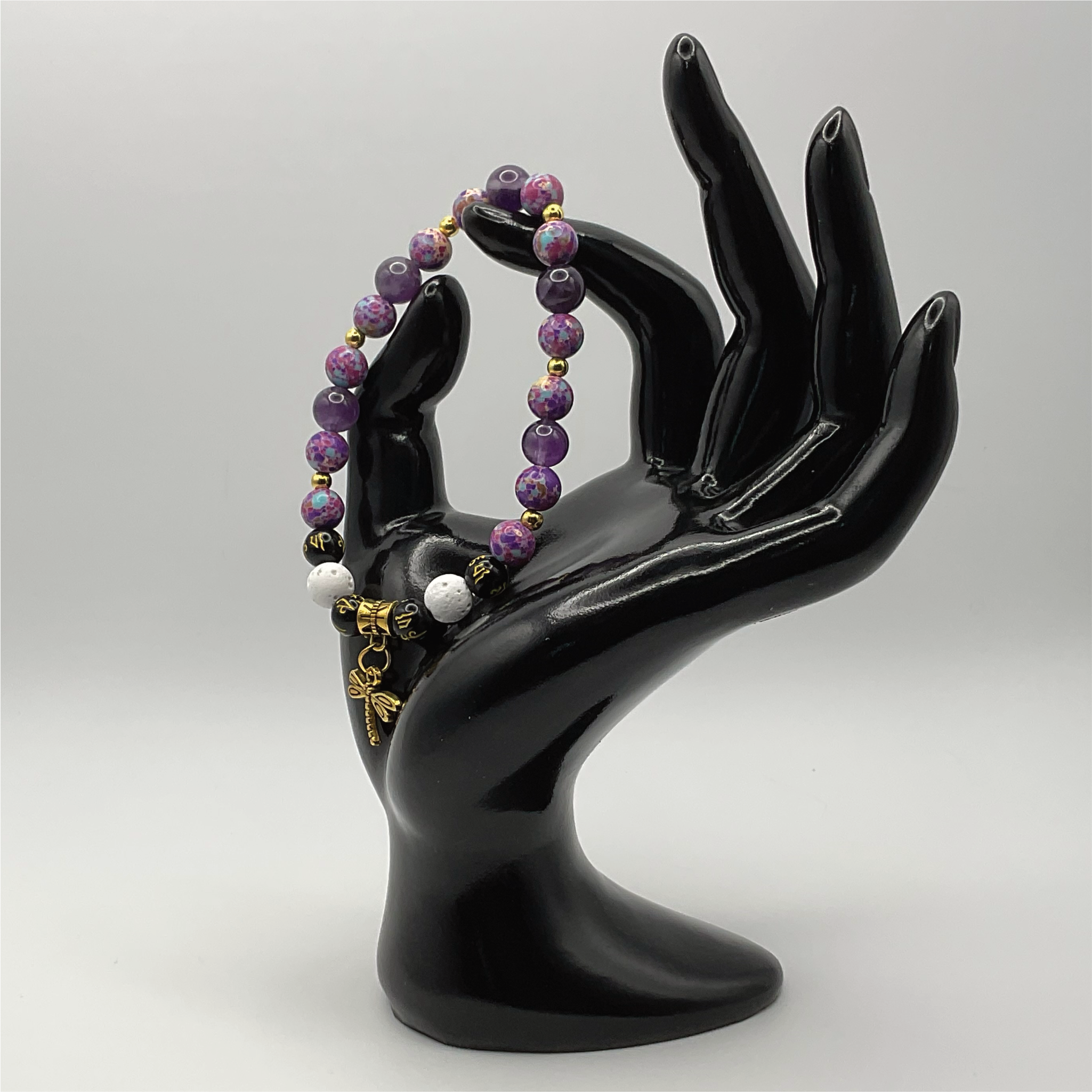 Amethyst Blue Purple Dragon Vein Agate Magnesite Pixiu Dragonfly Charm Bracelet
