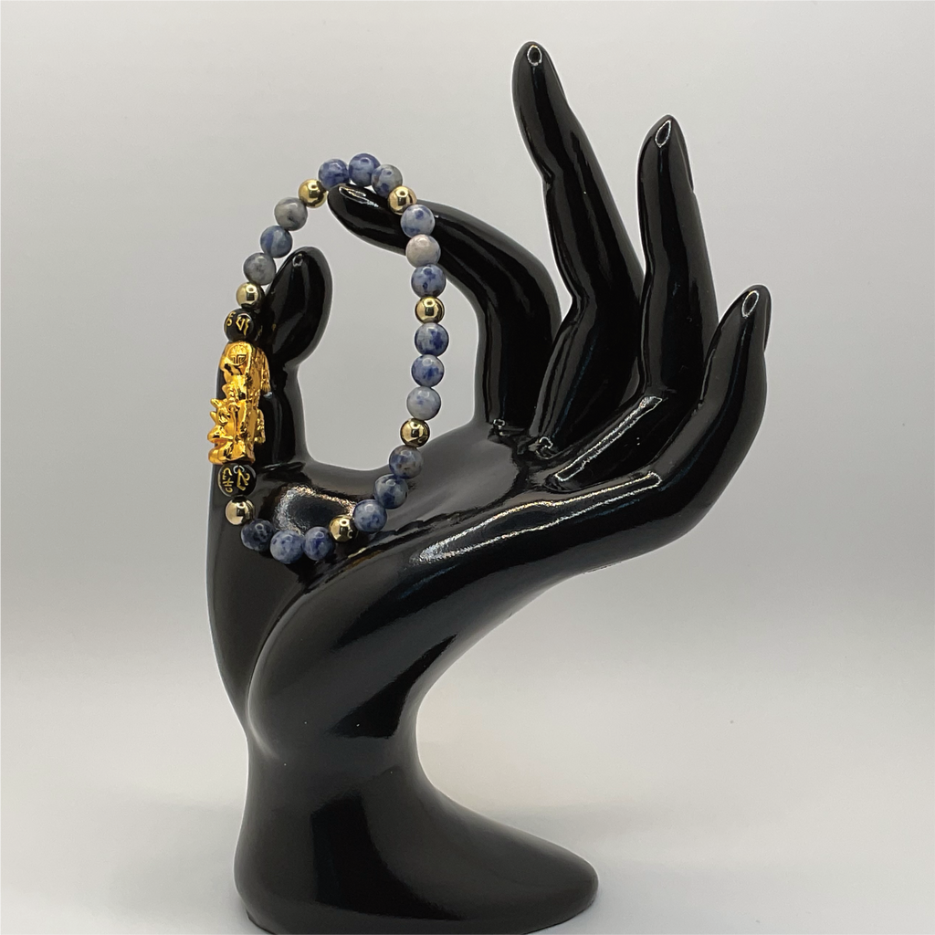 Blue Sodalite Black Pixiu Dragon Charm Bracelet with Gold Spacers