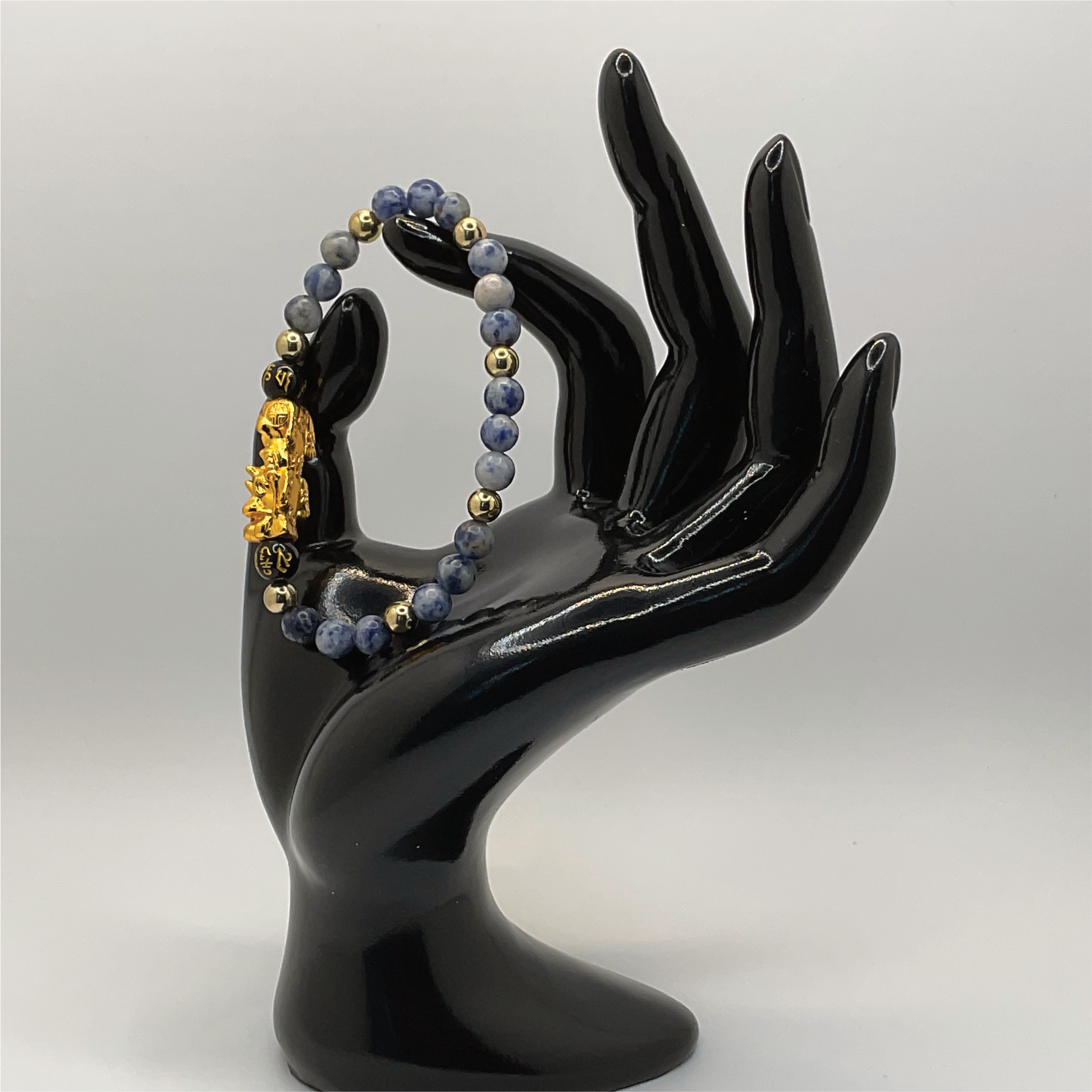 Blue Sodalite Black Pixiu Dragon Charm Bracelet with Gold Spacers