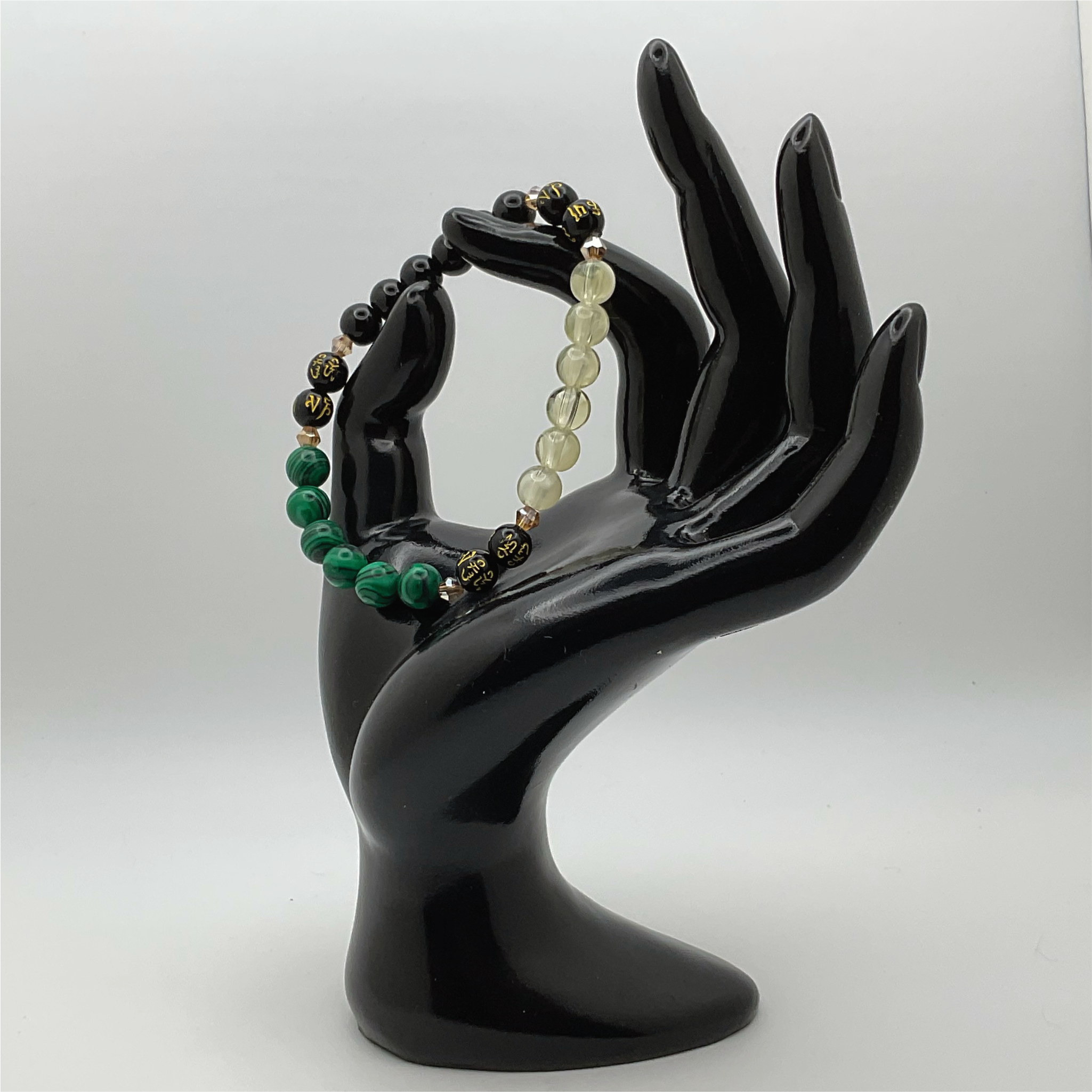Pulsera Pixiu de Prehnita, Ágata Negra, Malaquita y Citrino con Espaciadores de Cristal