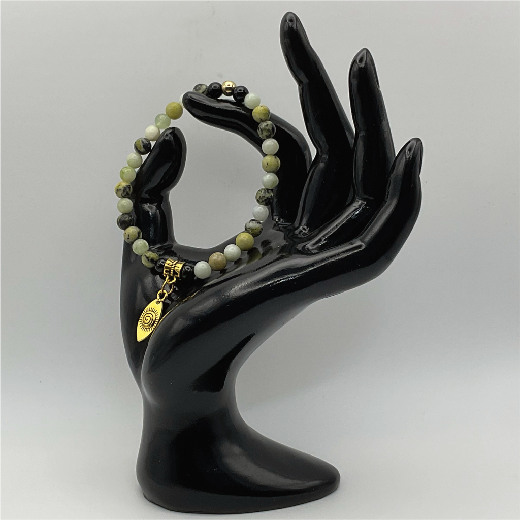 Jade Green Onyx Leaf Charm Bracelet with Gold Spacer