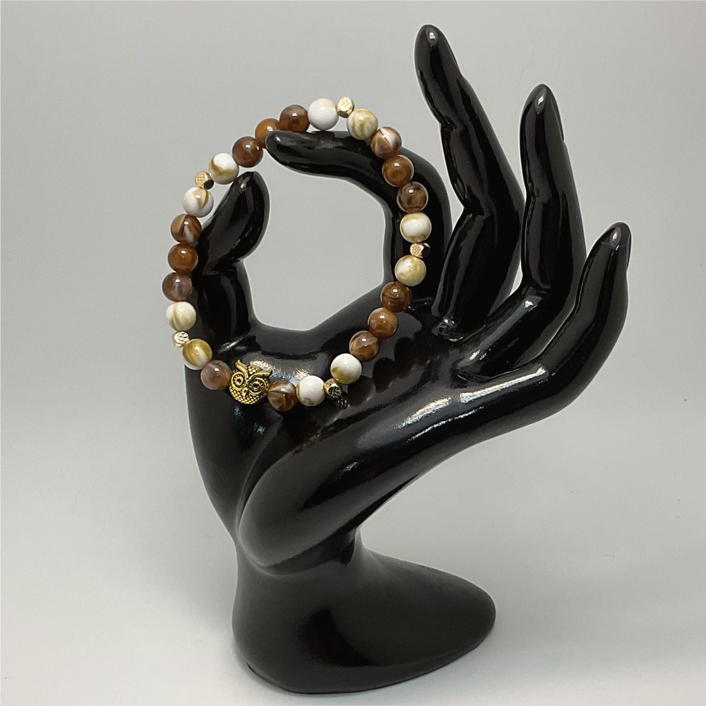 Mookaite Oriental Agate Owl Charm Bracelet with Gold Spacers