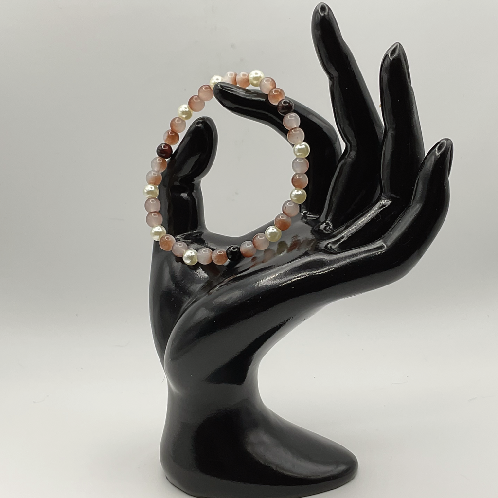 Beige Black Glass Bracelet with Pearl Spacers