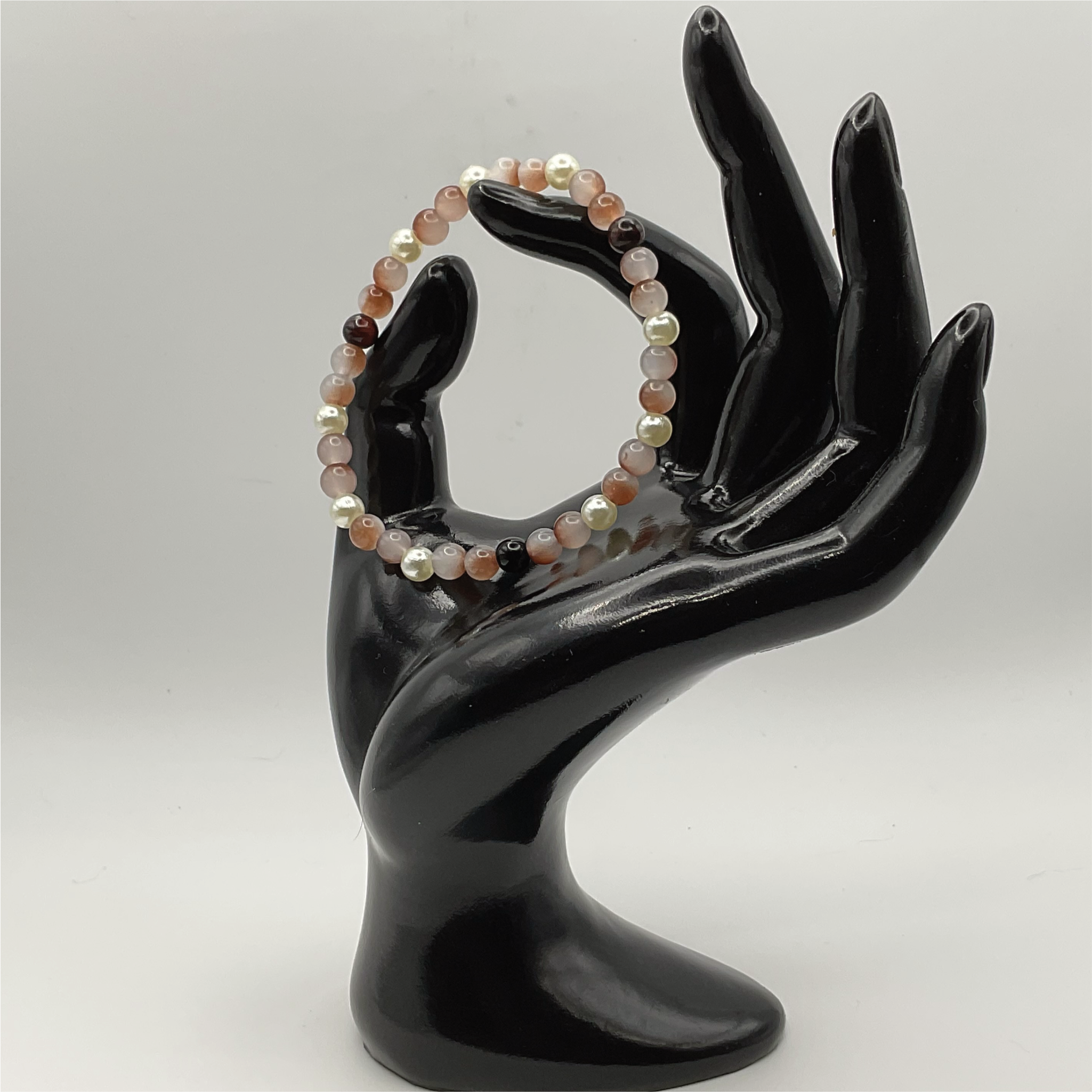 Beige Black Glass Bracelet with Pearl Spacers