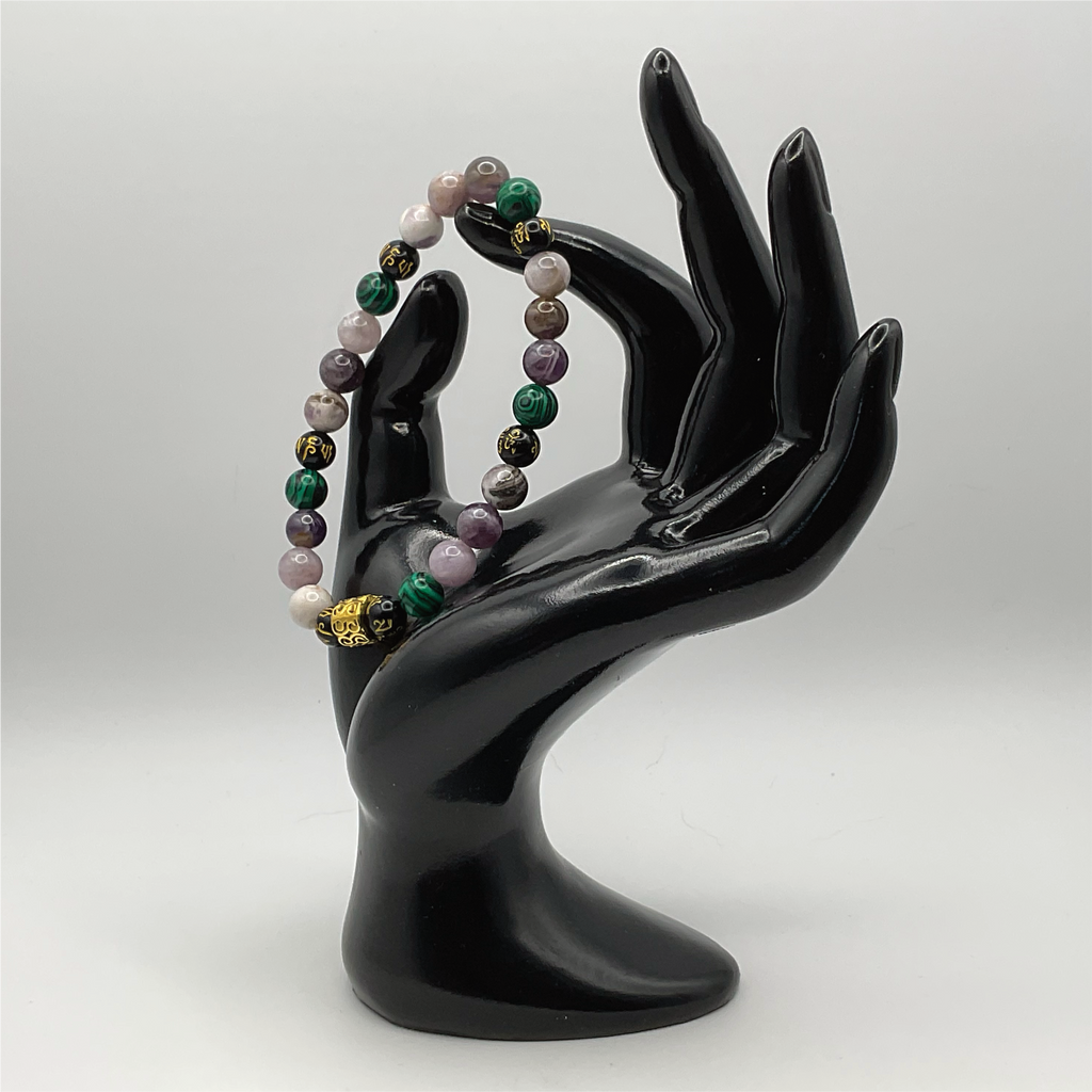 Malachite Amethyst Black Pixiu Bracelet with Gold Tone Barrel Spacer