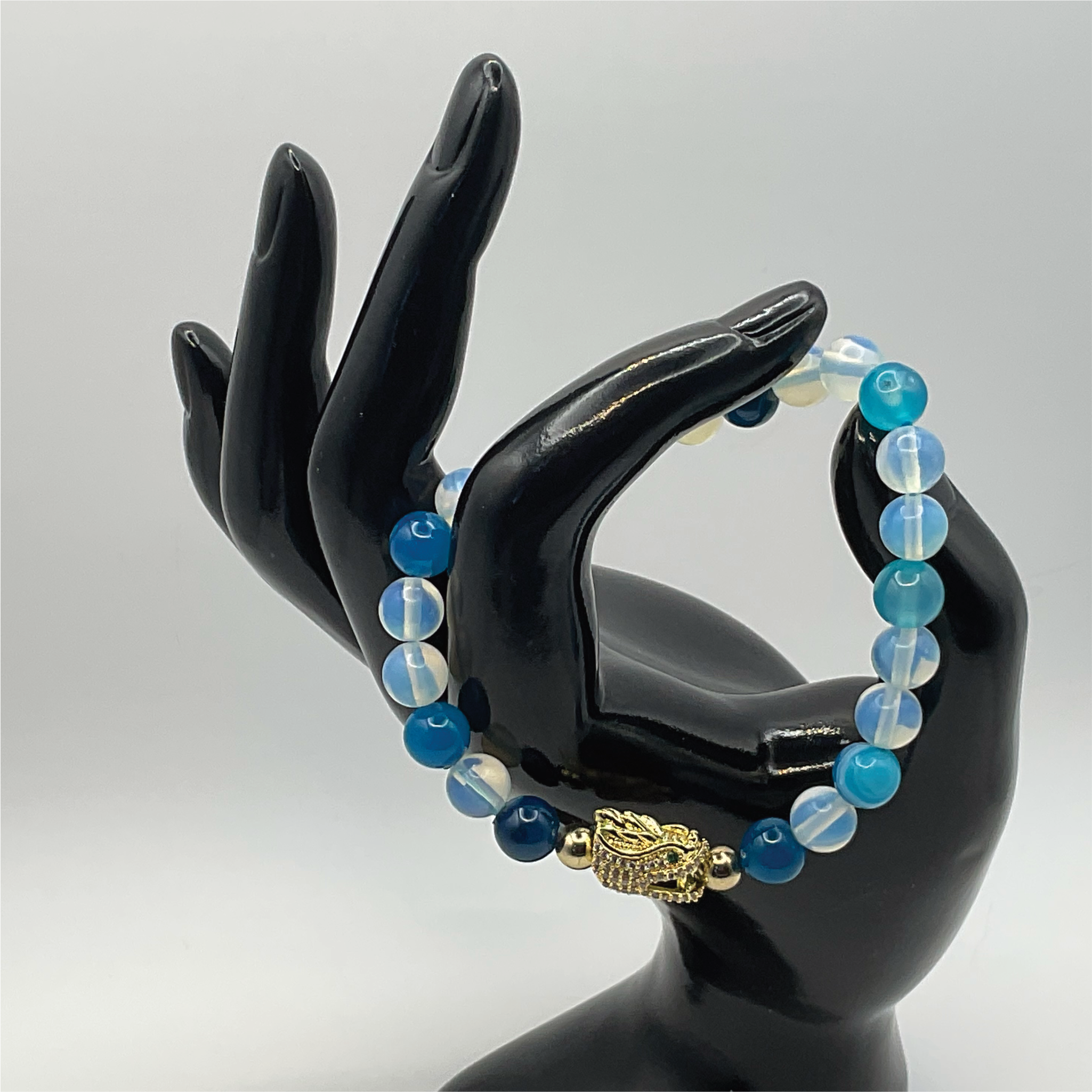 Blue Dragon Vein Agate Sea Opal Dragon Charm Bracelet with Gold Tone Spacers