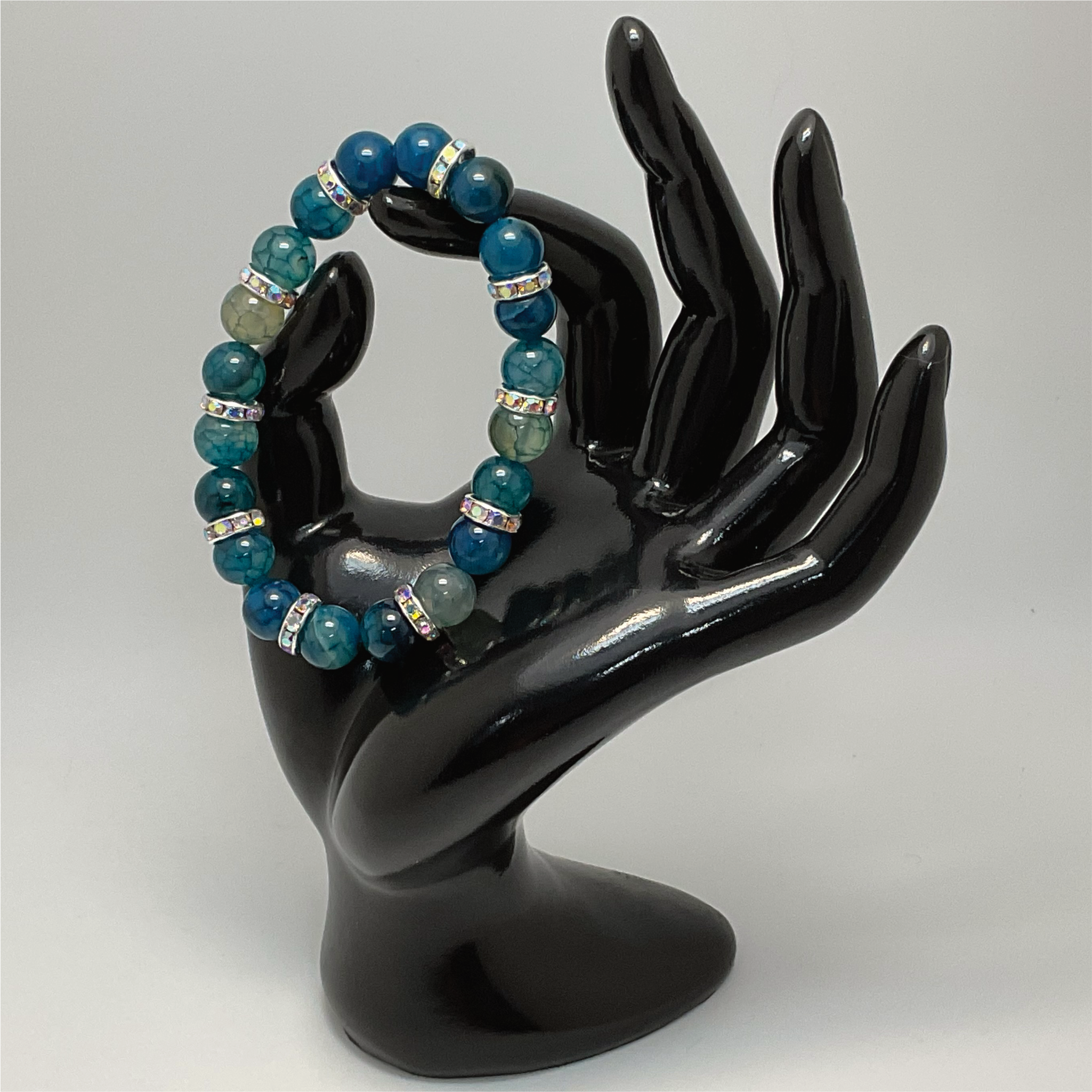 Pulsera de Ágata Dragón Azul con Separadores de Cristal Blanco Plateado
