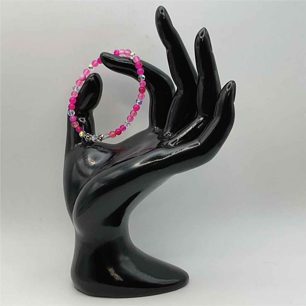 14.5 cm (5.7") Pink Dragon Vein Agate Silver Flowers Bracelet with Crystal Spacers