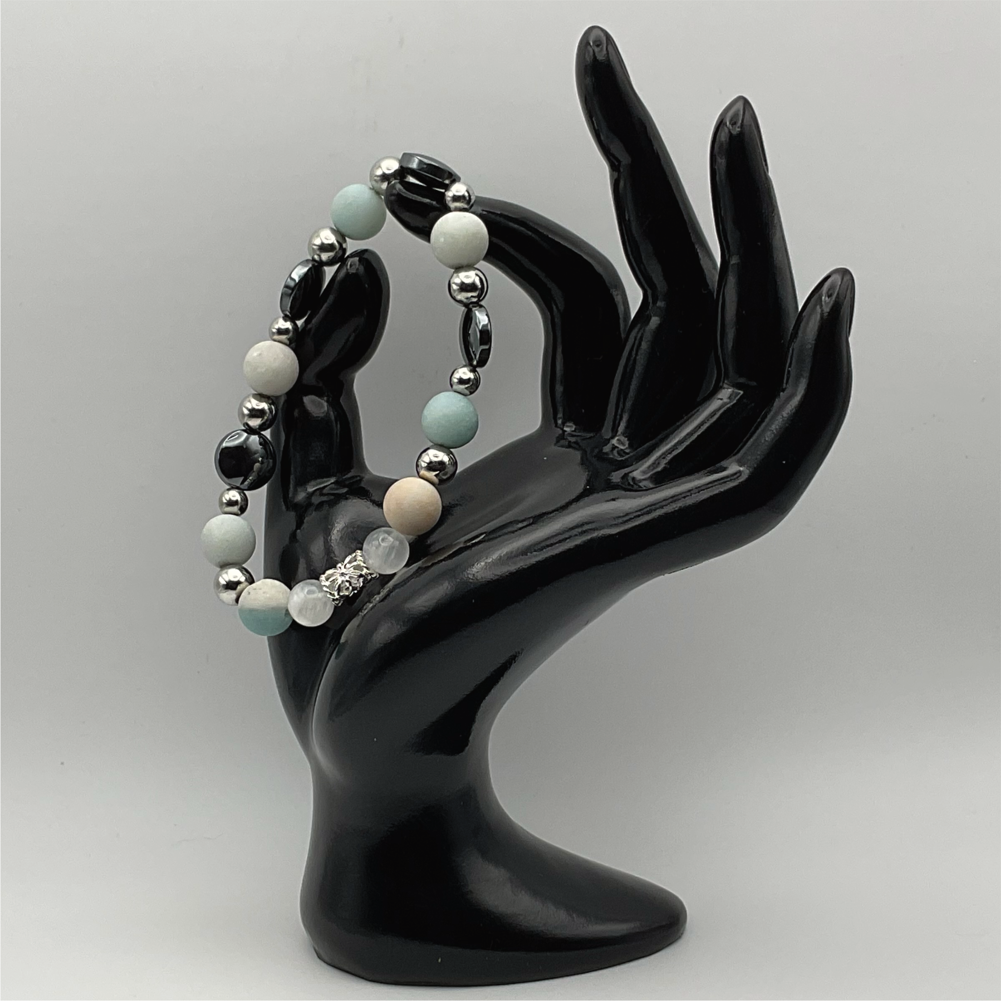 Pulsera de Disco de Ónix y Amazonita con Separadores de Plata