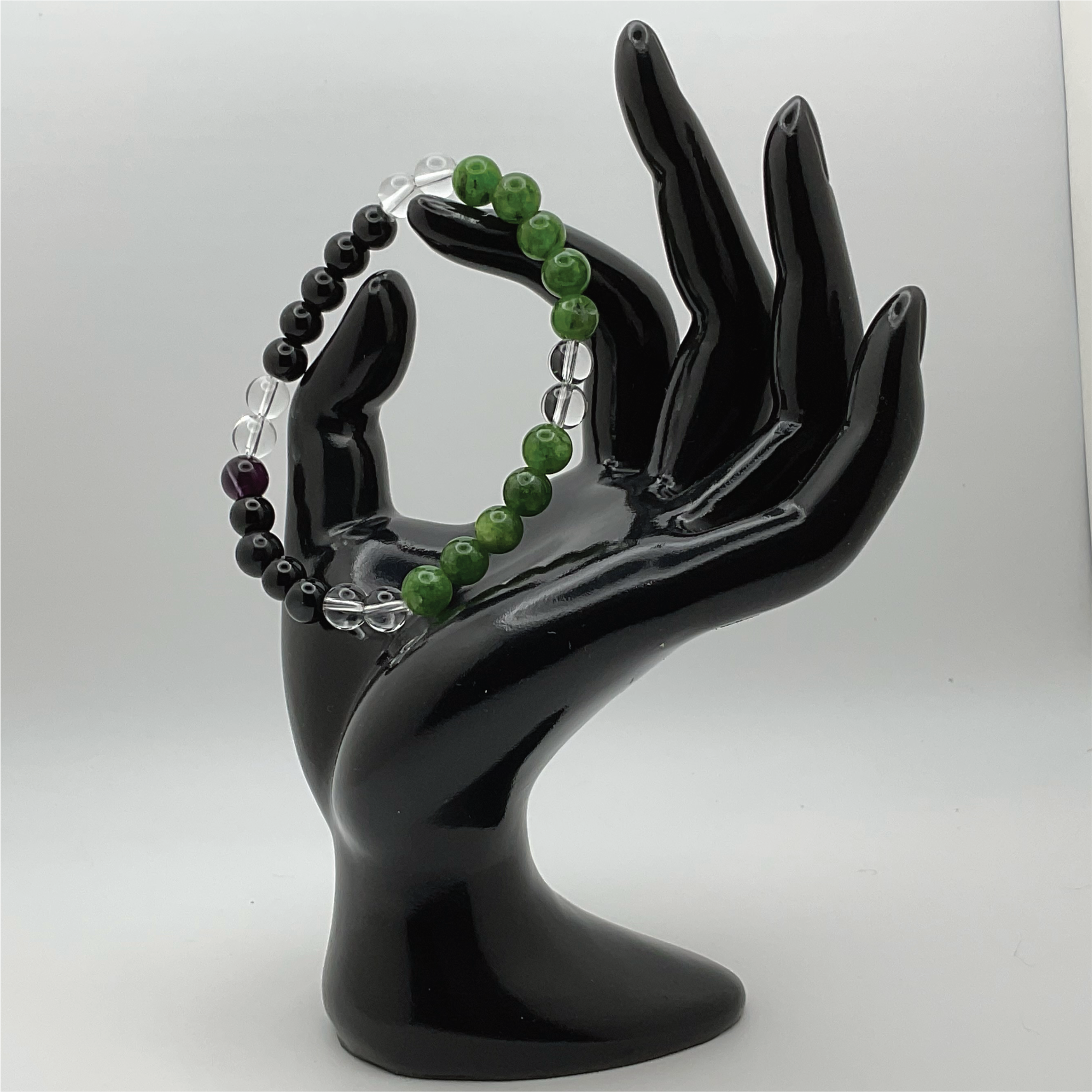 Pulsera de peridoto, ágata negra y cuarzo transparente