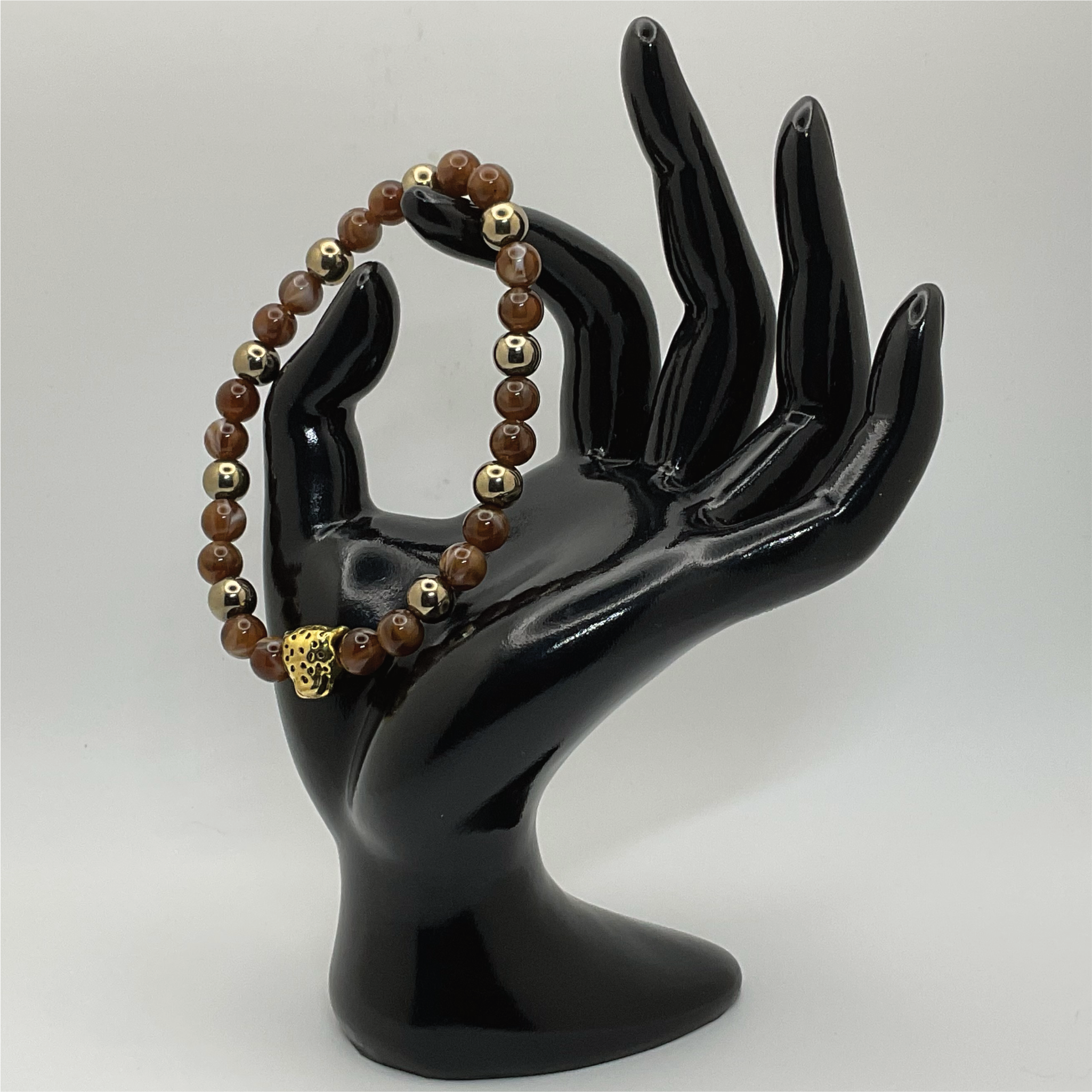 Tiger's Eye Hematite Leopard Charm Bracelet with Gold Spacers