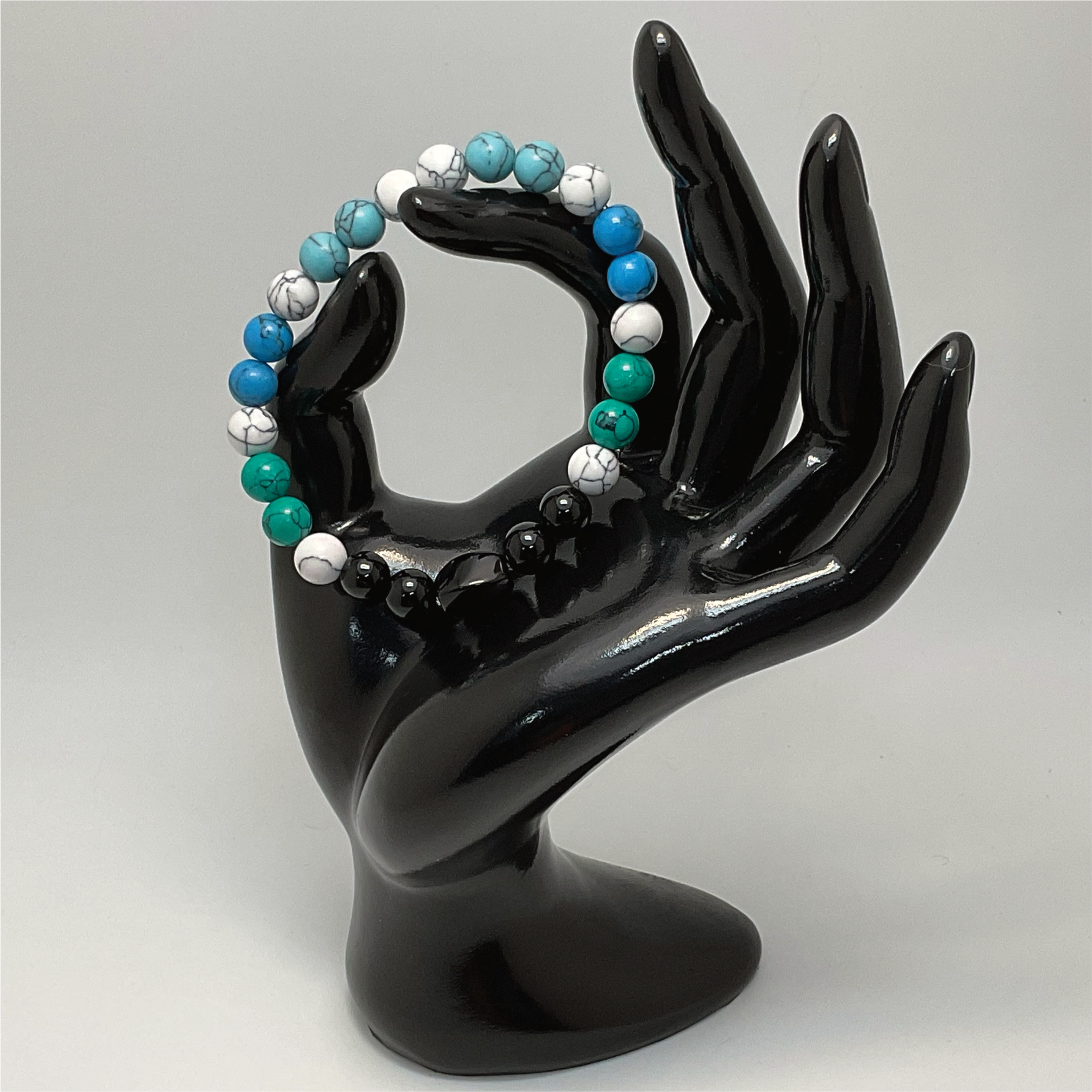 Pulsera de Piedras de Obsidiana Lágrimas Apache, Ágata Negra, Howlita Azul y Cielo Verde