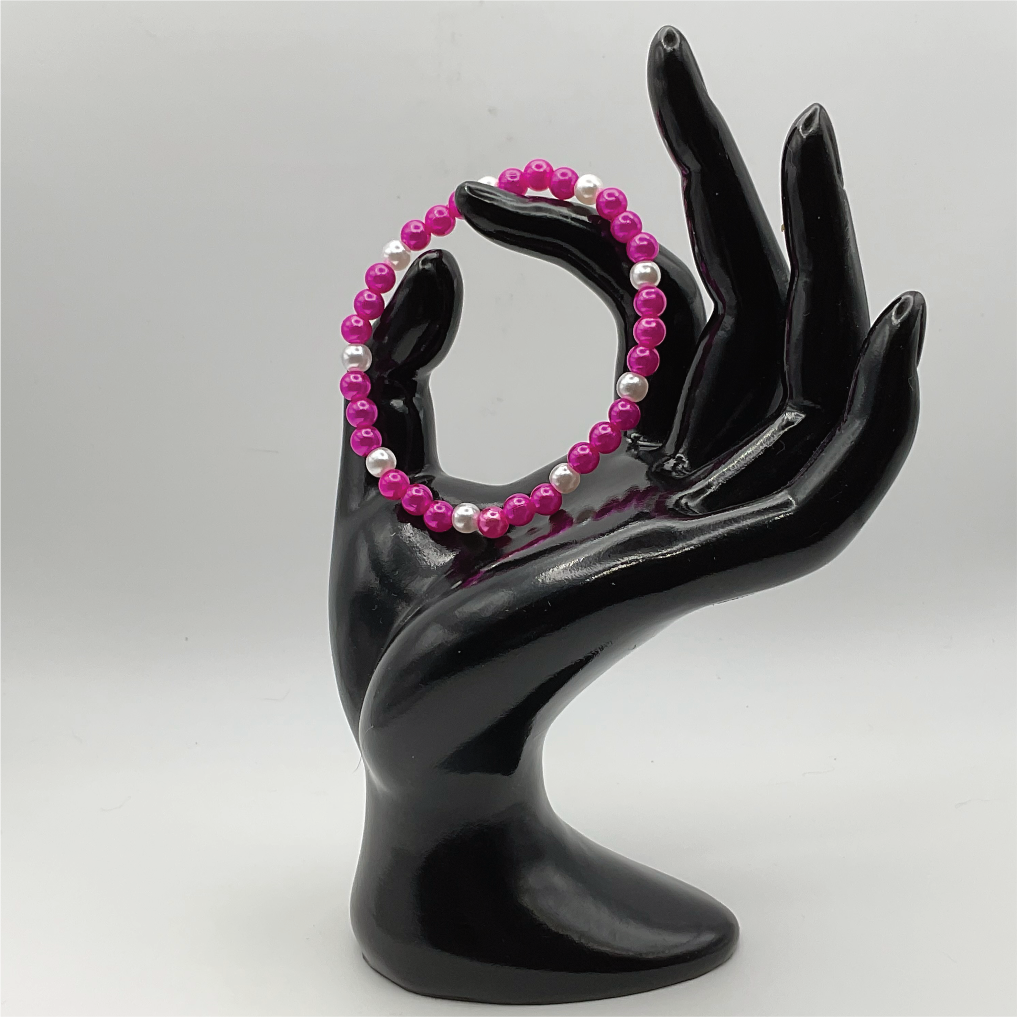 Dark Pink Glass Bracelet with Pearl Spacers
