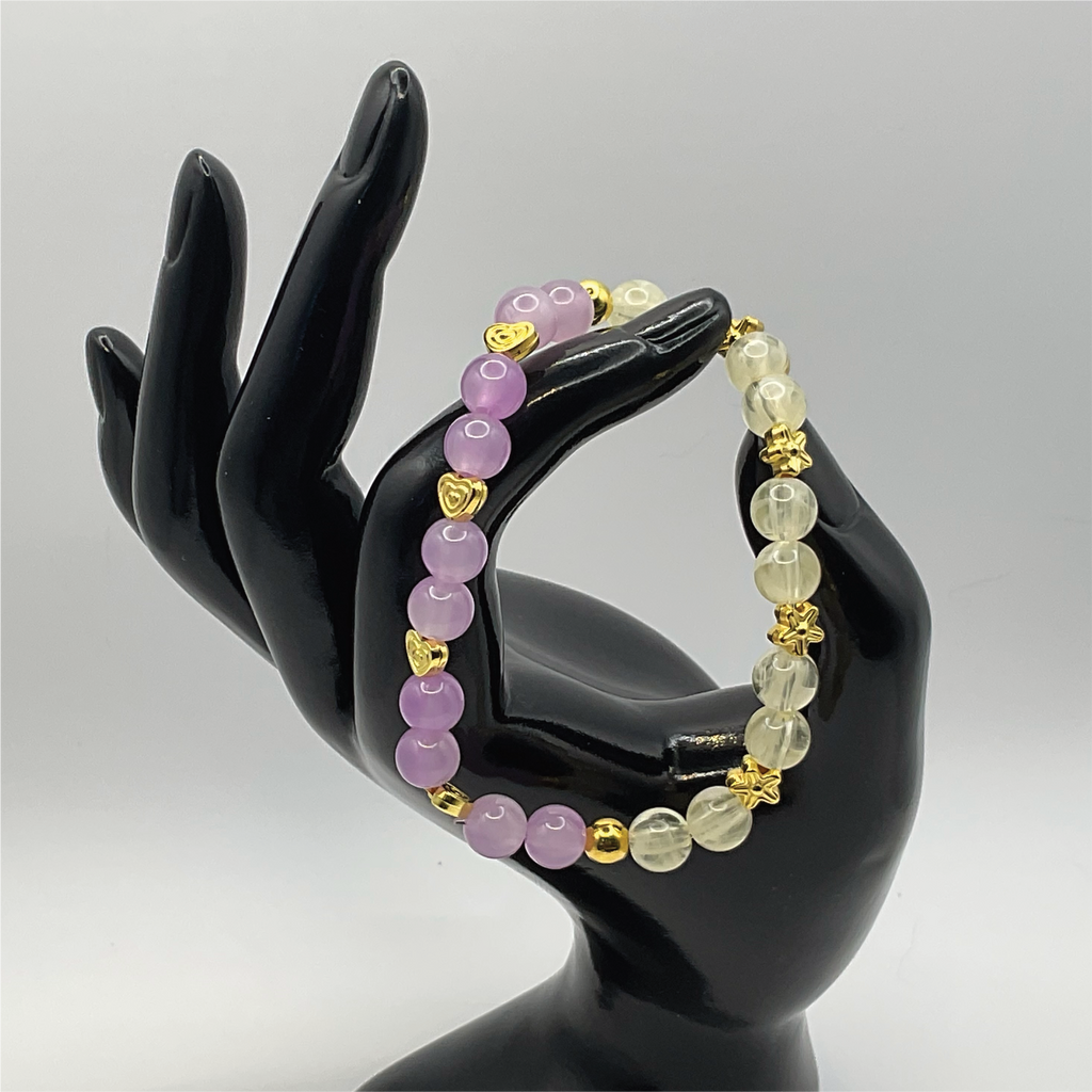 Rose Quartz Citrine Hearts Bracelet with Gold Tone Star Spacers
