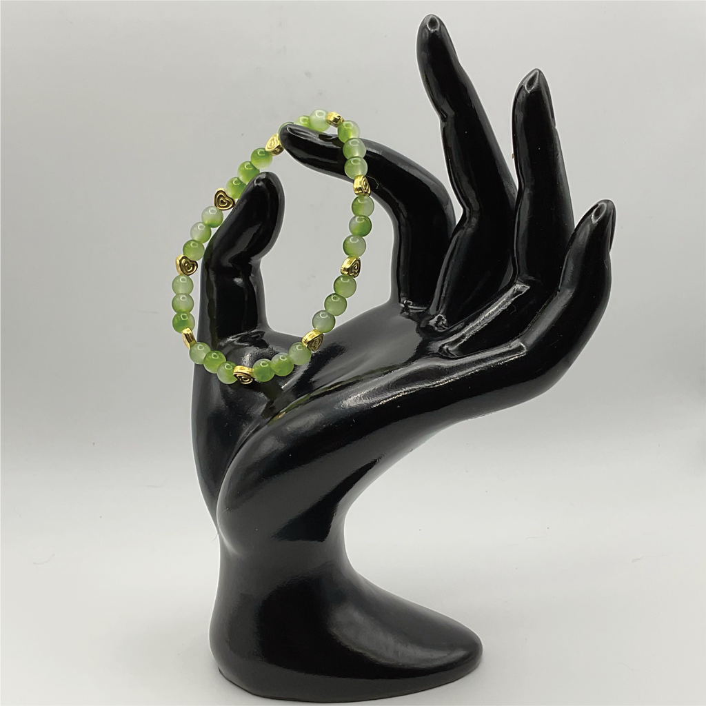Cloudy Green Glass Bracelet with Gold Heart Spacers