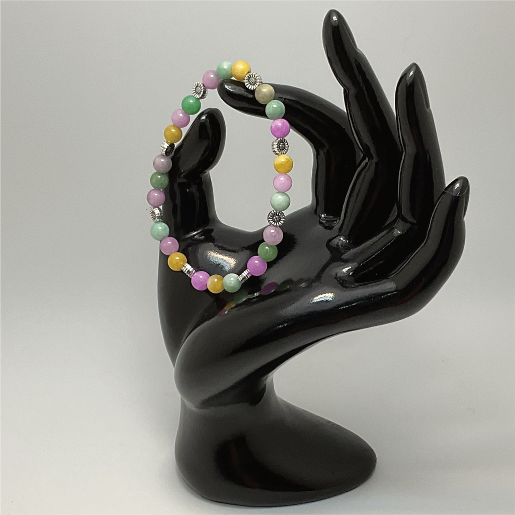 Pulsera de Jaspe Mookaita, Jadeíta y Calcedonia Verde con Separadores de Flores de Plata