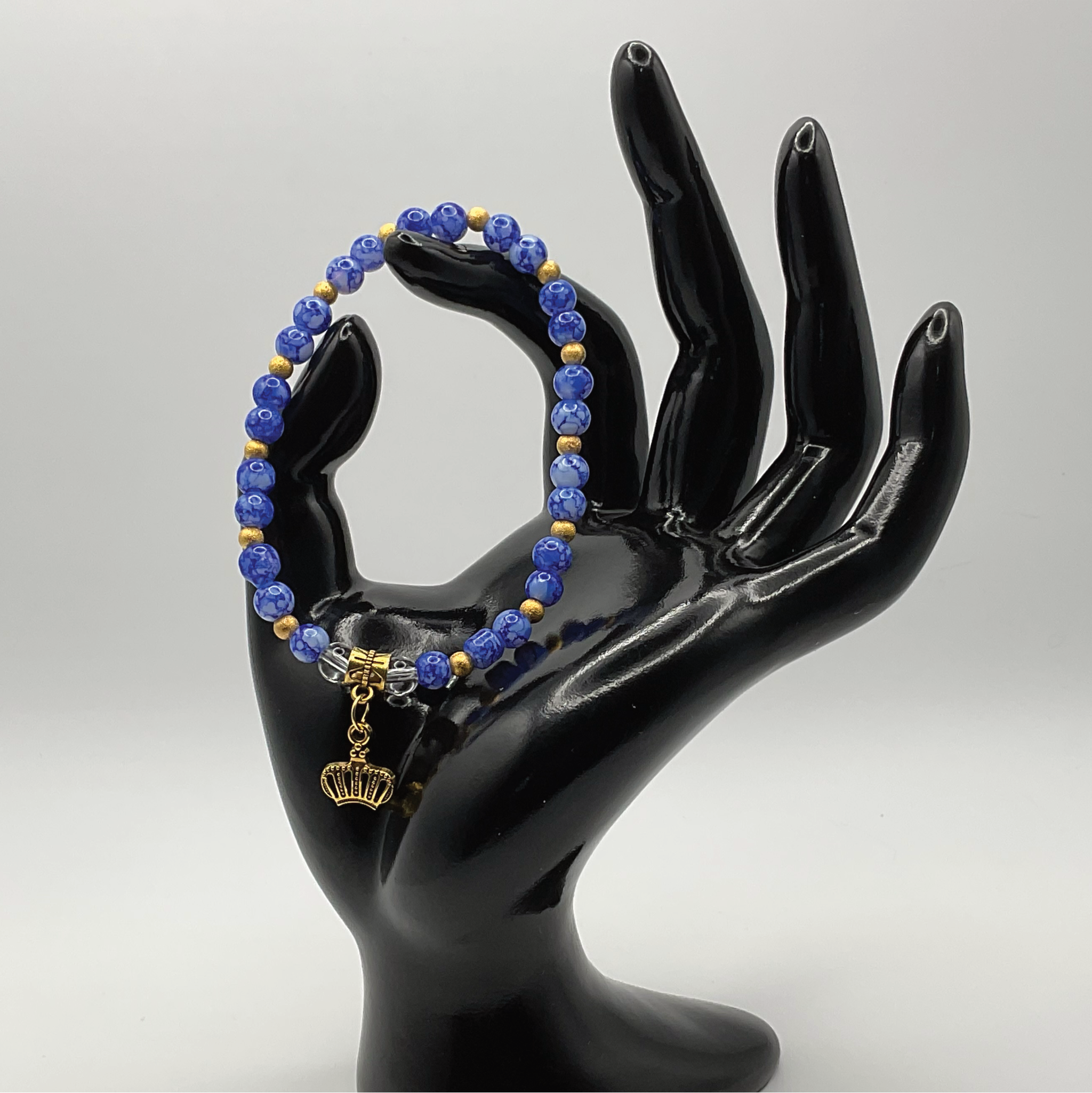 Blue Agate Clear Quartz Crown Charm with Gold Tone Spacers