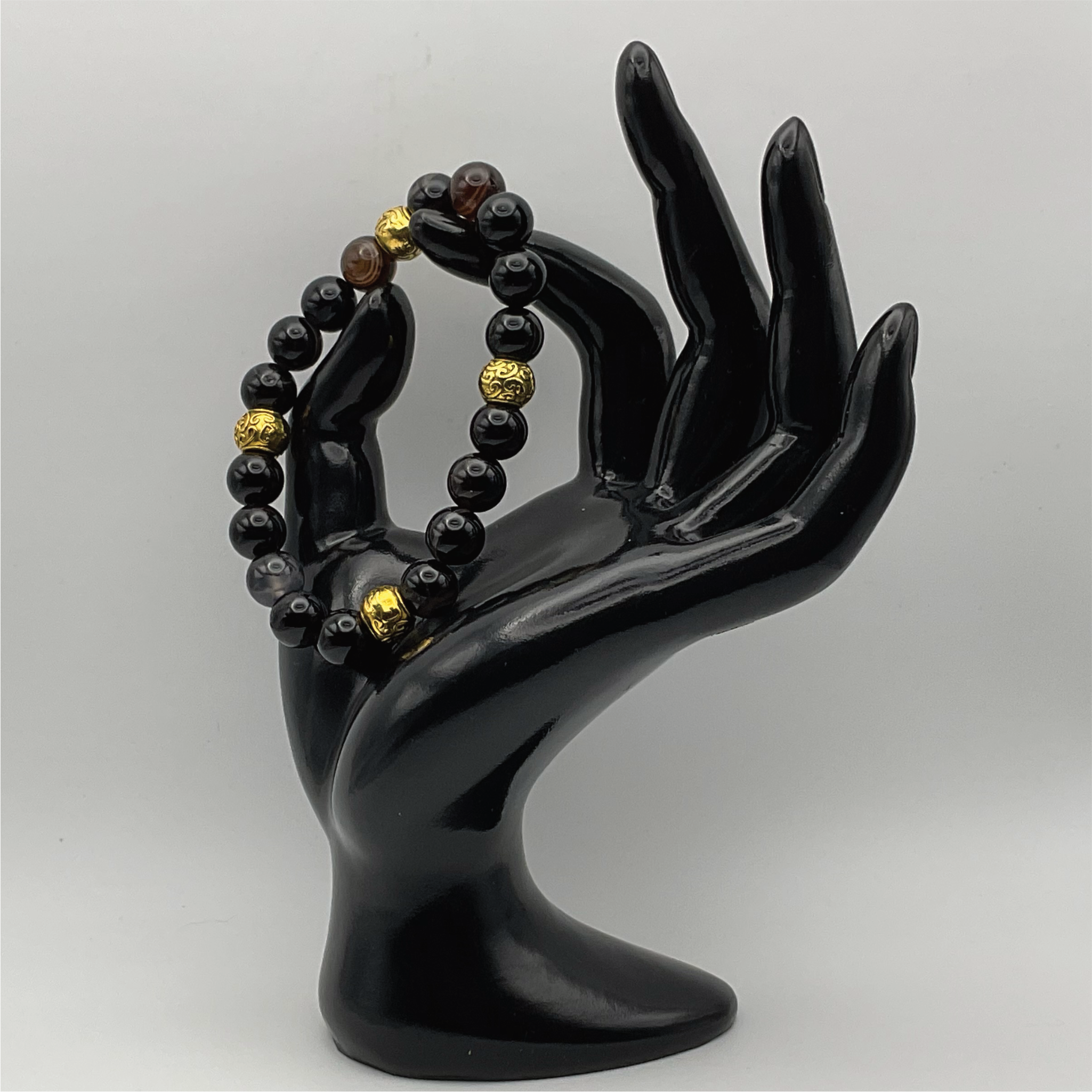 Black Agate Bracelet with Gold Tone Spacers