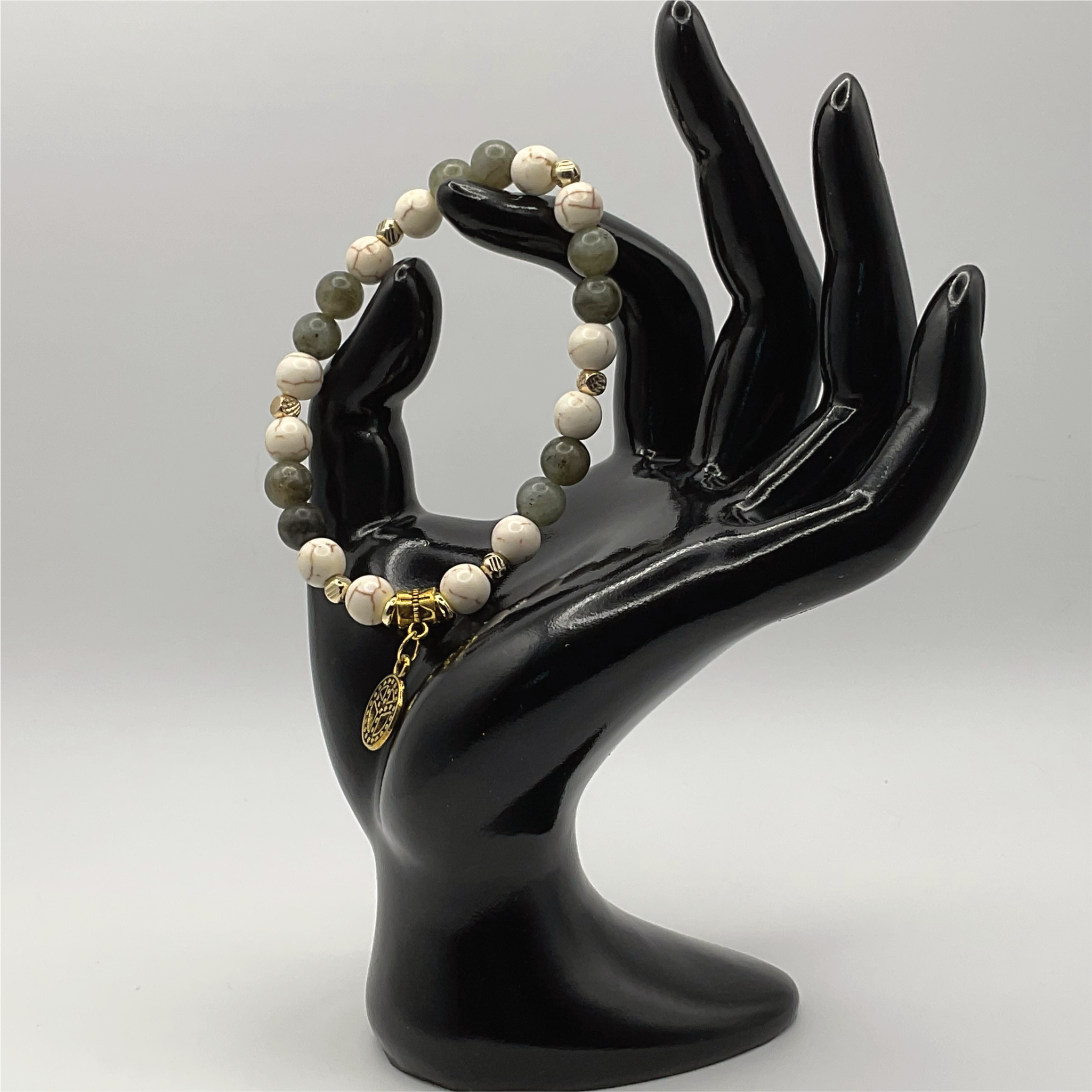 Labradorite Magnesite Peace Charm Bracelet with Gold Tone Spacers