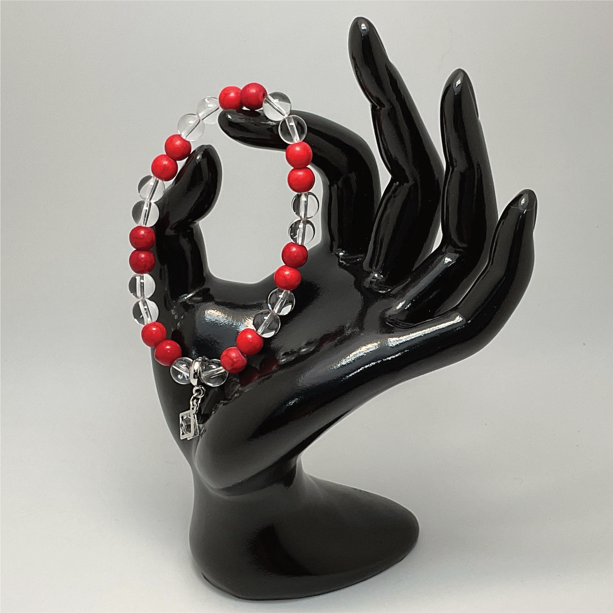 Red Coral Clear Quartz Silver Crystal Charm Bracelet
