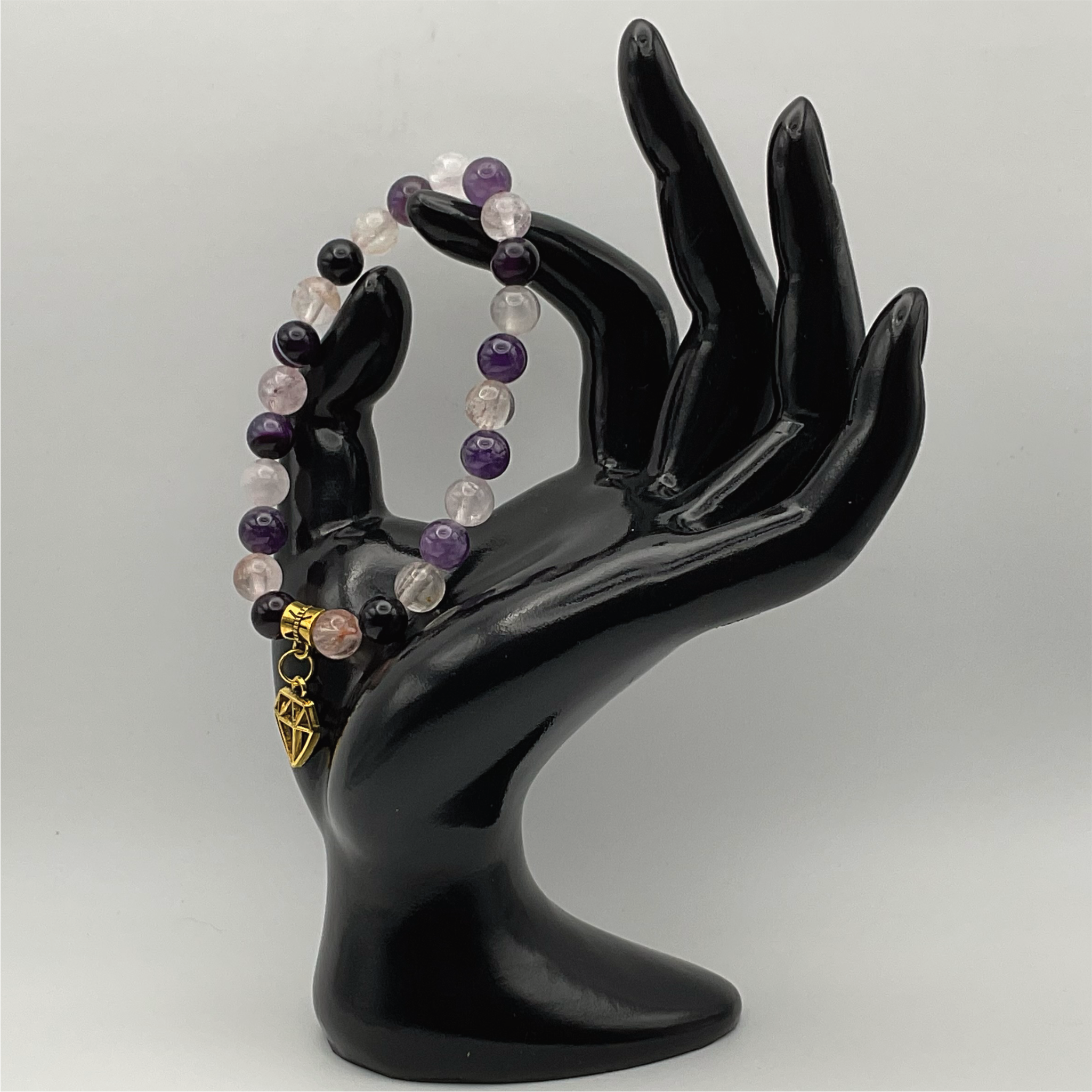 Black Agate, Milky Quartz, Amethyst Charm Bracelet