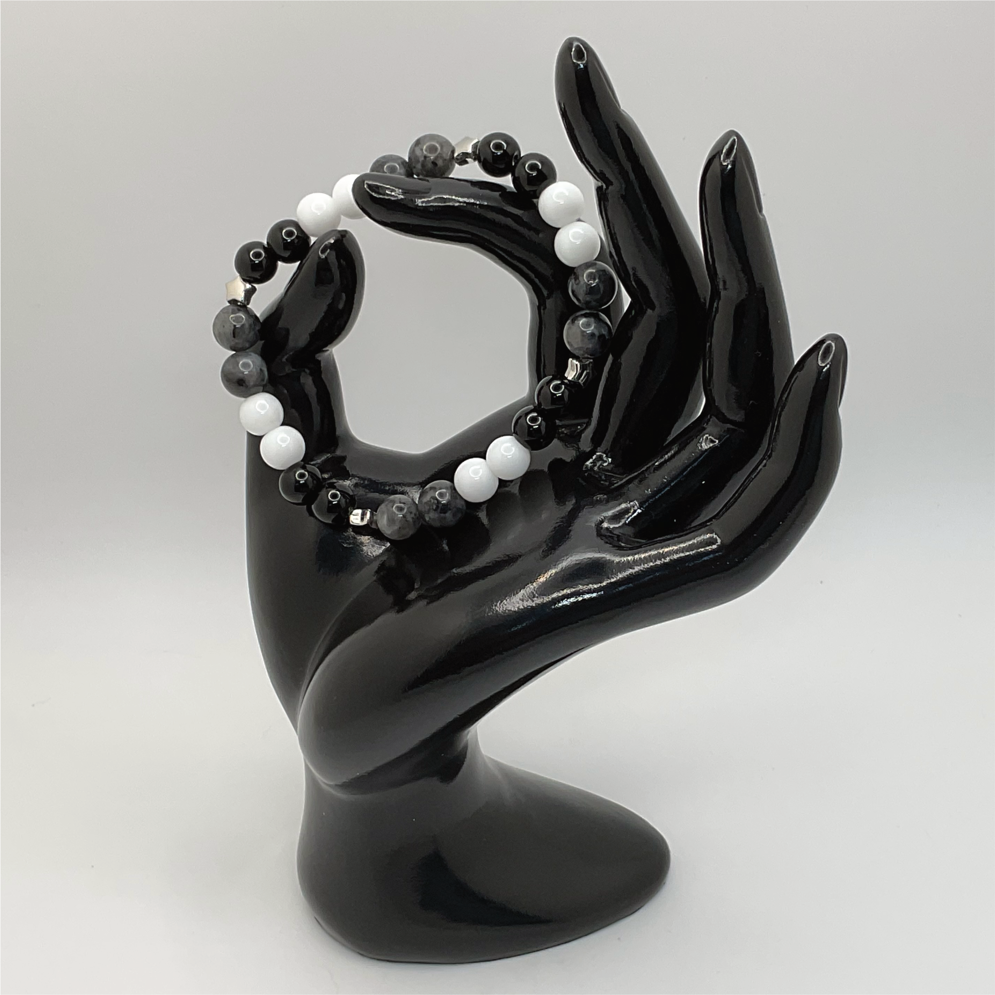Black Agate Milky Quartz Picasso Stone Bracelet Silver Spacers