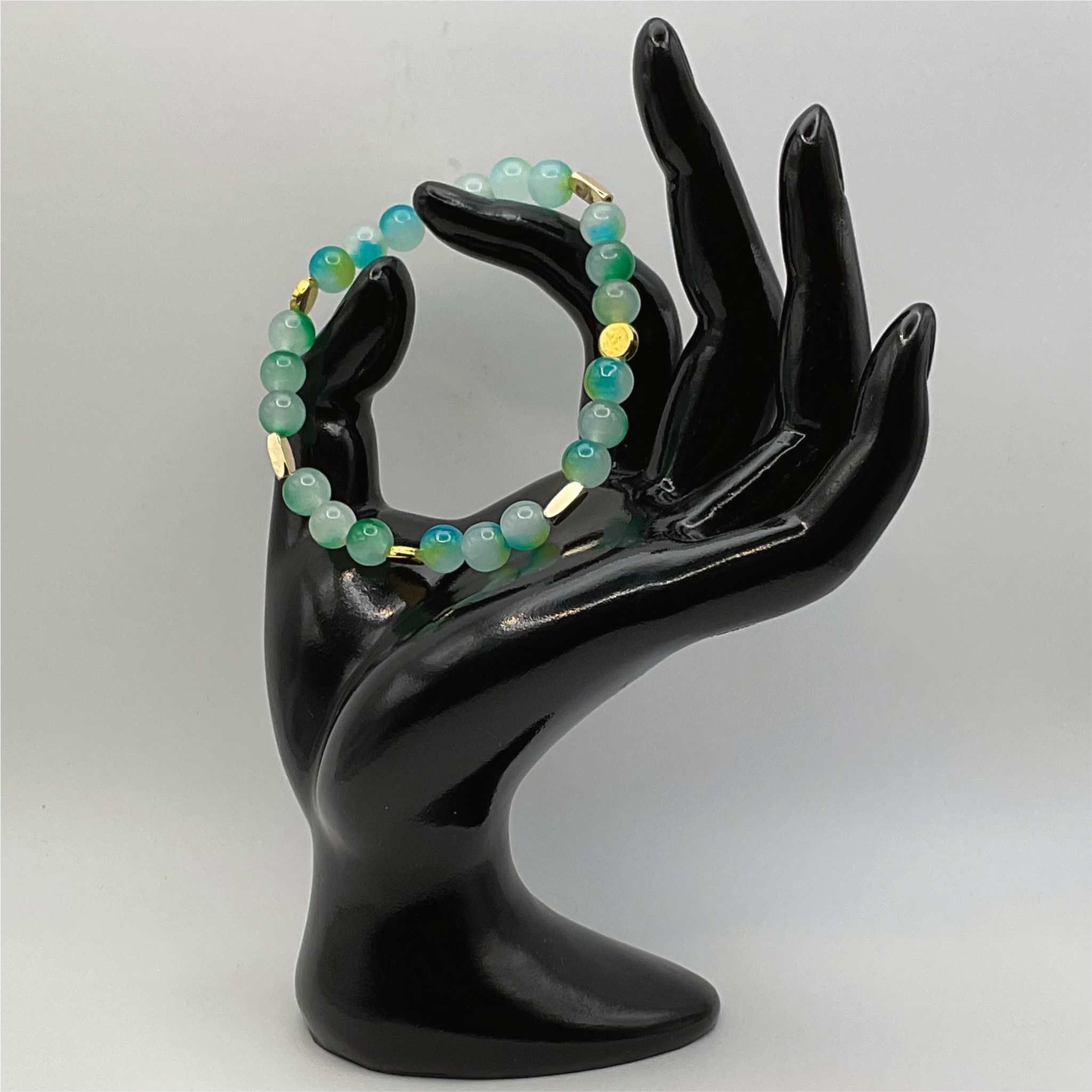 Pulsera de Ágata Veteada de Dragón Verde Azulado con Separadores Tono Dorado