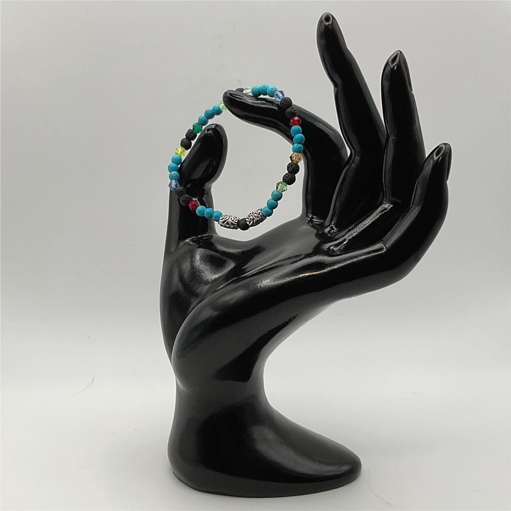 14.5 cm (5.7") Blue Howlite Black Agate Silver Barrel Bracelet with Multi Colored Crystal Spacers