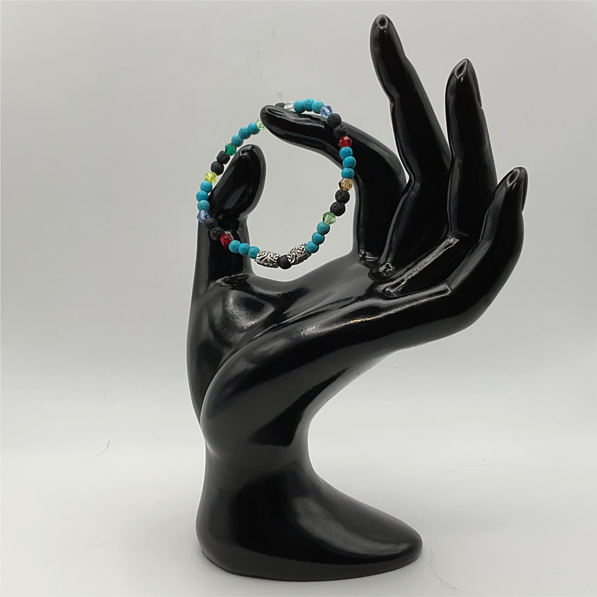 14.5 cm (5.7") Blue Howlite Black Agate Silver Barrel Bracelet with Multi Colored Crystal Spacers