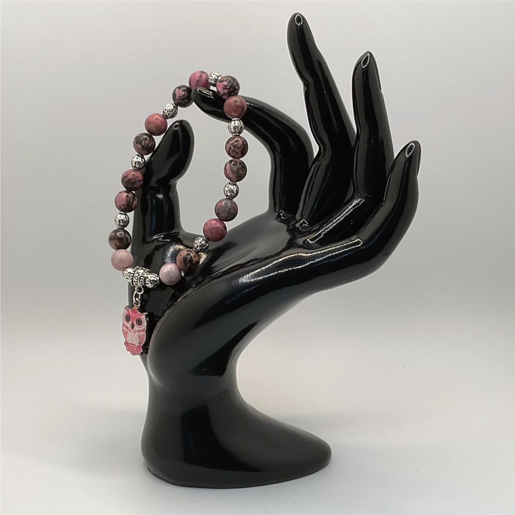 Rhodonite Owl Charm Bracelet with Silver Spacers