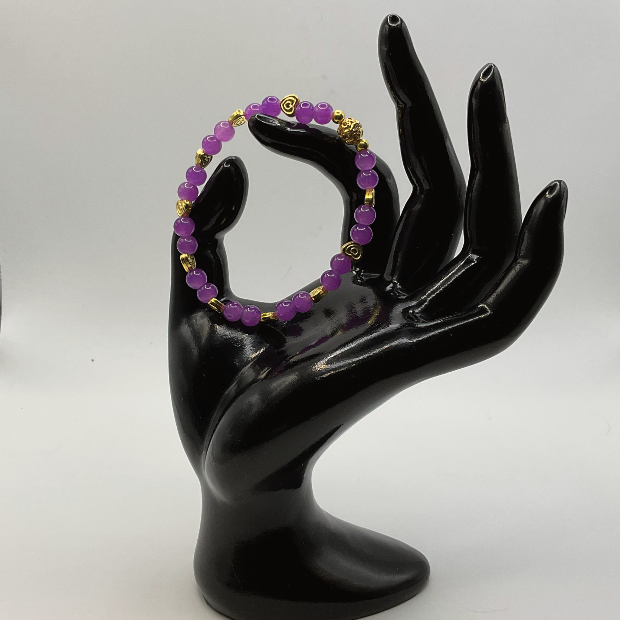 Purple Glass Bracelet with Gold Heart Spacers