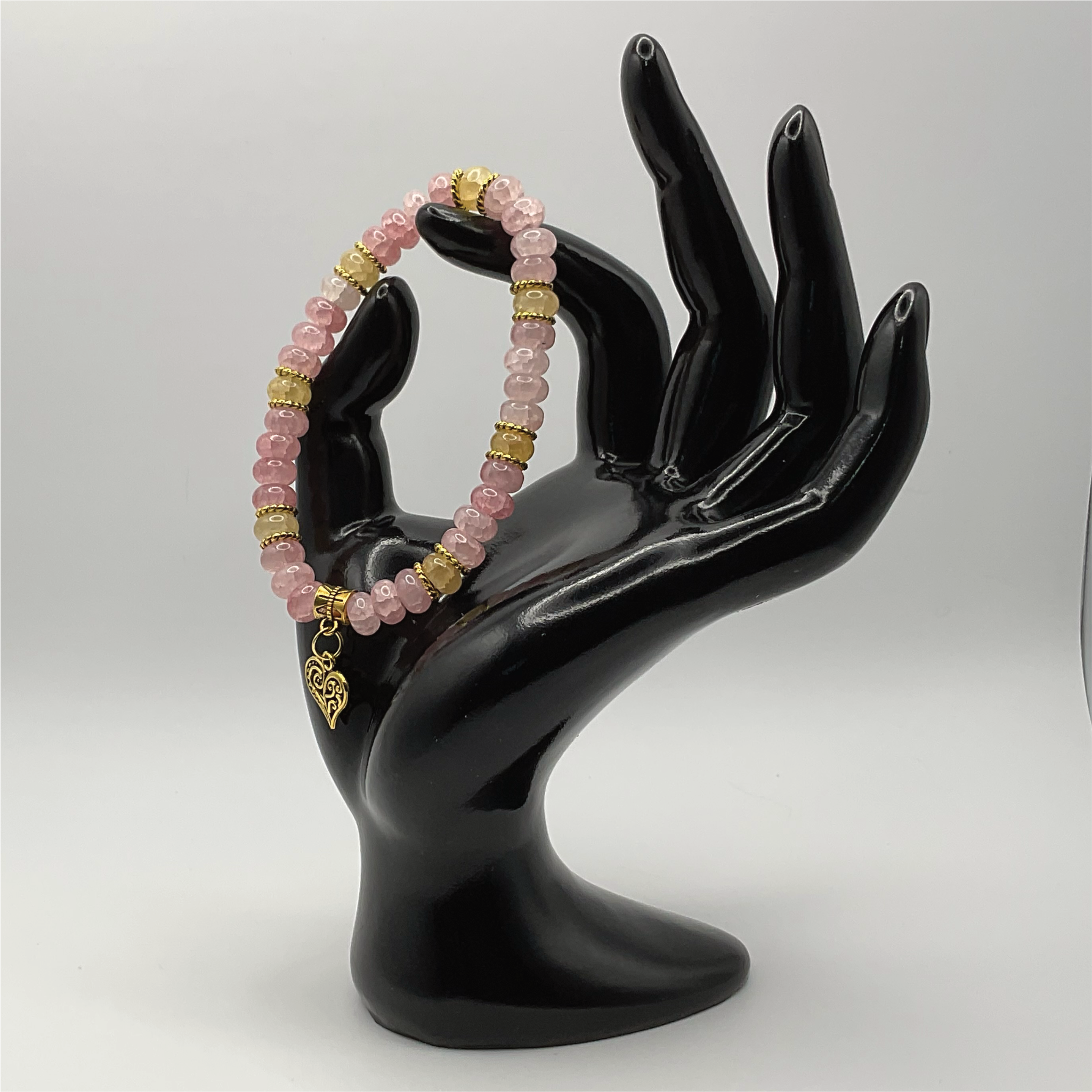 Pink Yellow Tourmaline Heart Charm Bracelet with Gold Tone Spacers