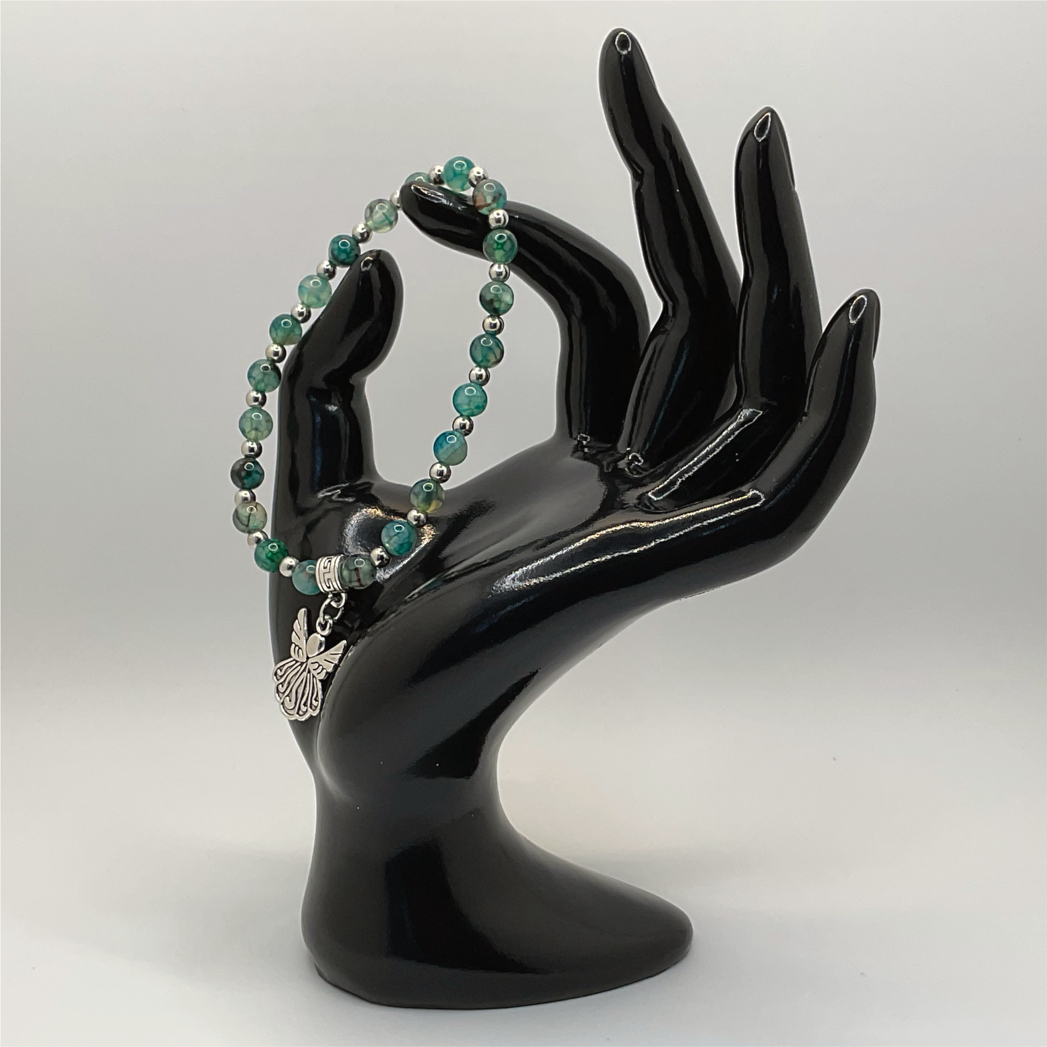 Green Dragon Vein Agate Angel Charm Bracelet with Tiny Silver Spacers