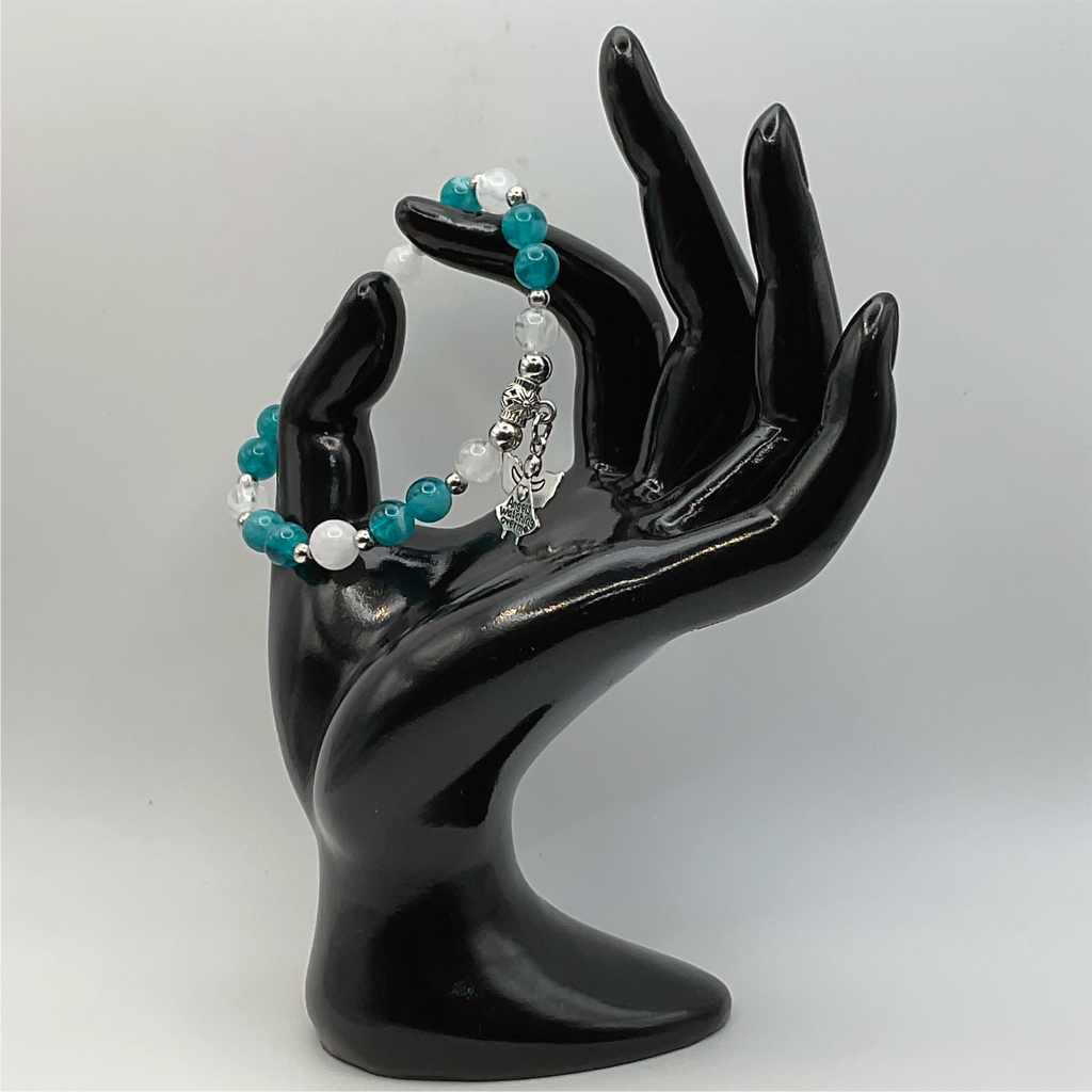 Pulsera con dije de ángel de cuarzo lechoso de ágata Dragon Vein con espaciadores tono plateado