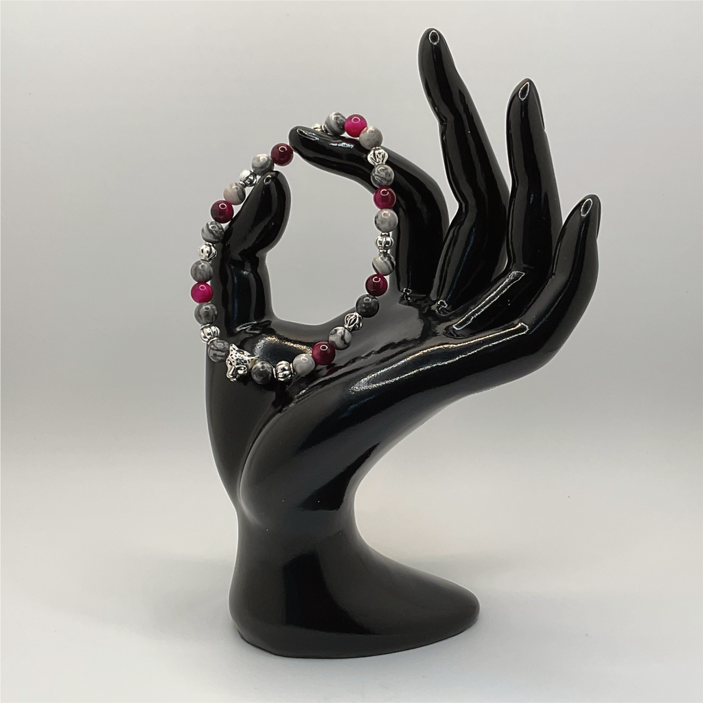 Pink Dragon Vein Agate Picasso Stone Jaguar Charm Bracelet with Silver Spacers