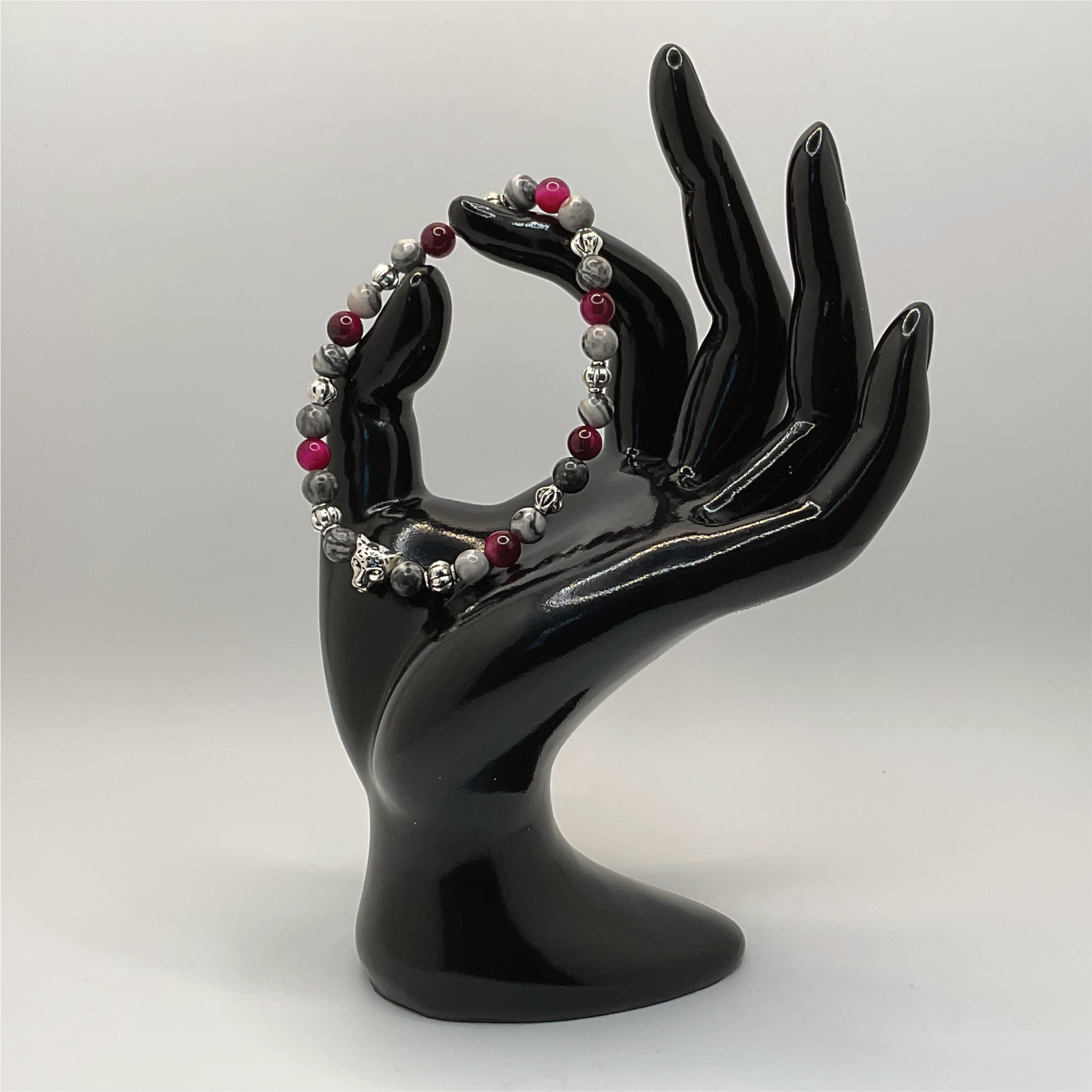Pink Dragon Vein Agate Picasso Stone Jaguar Charm Bracelet with Silver Spacers