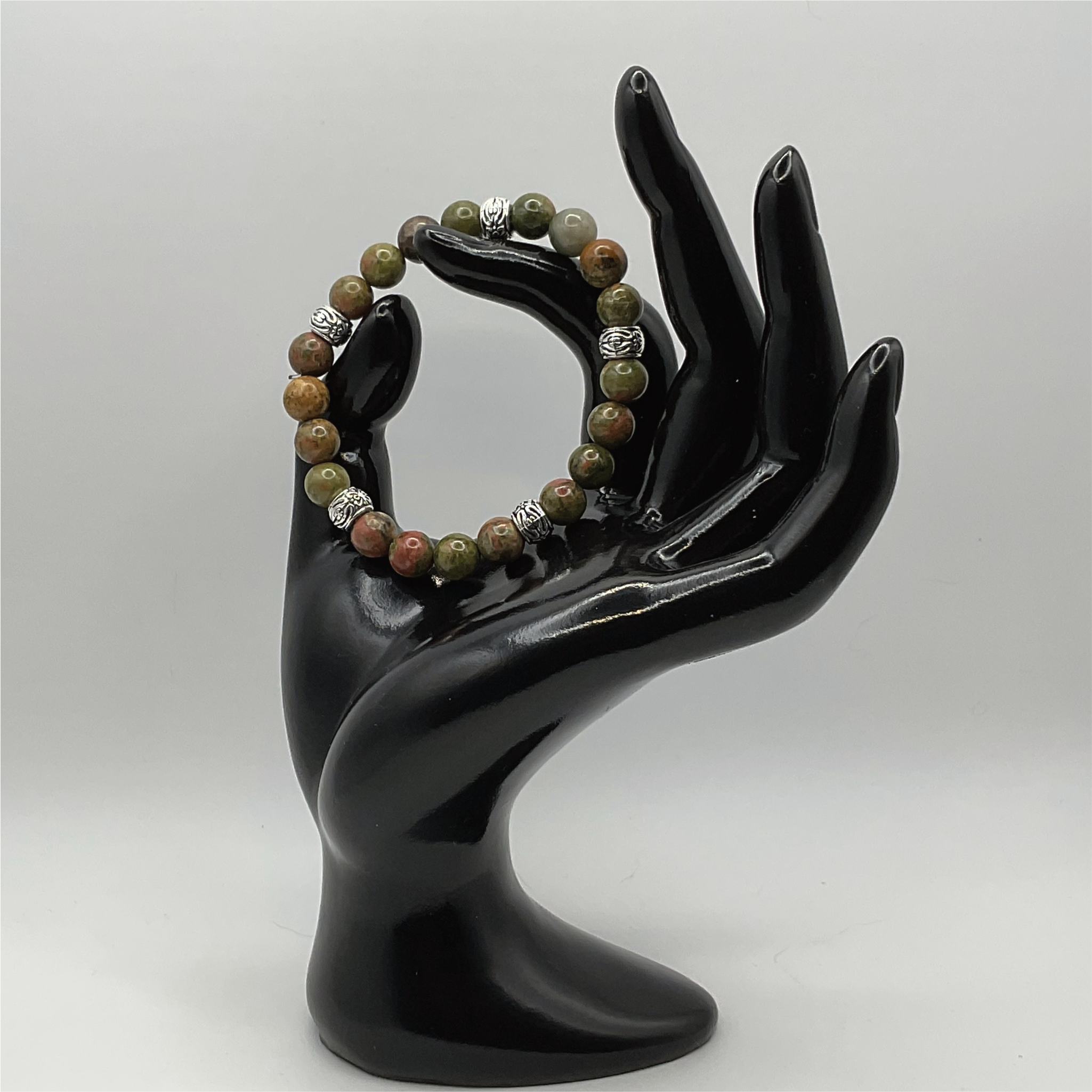 Unakite Bracelet with Silver Tone Barrel Spacers