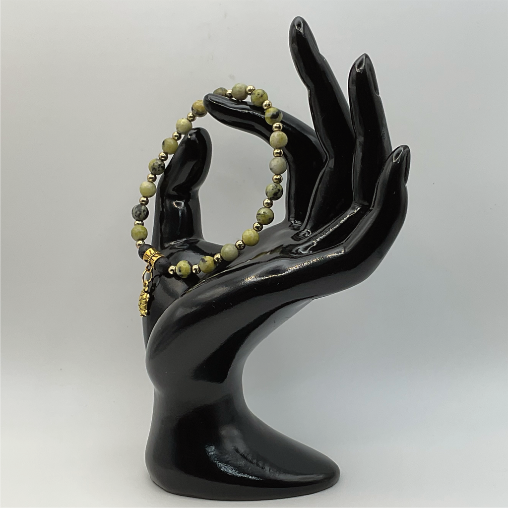 Serpentine Lava Turtle Charm Bracelet with Gold Spacers