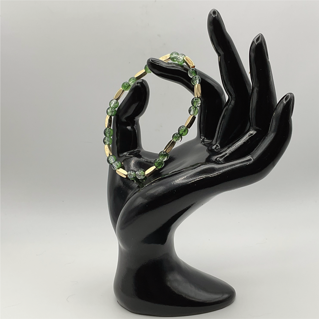 Green Glass Bracelet with Long Gold Spacers