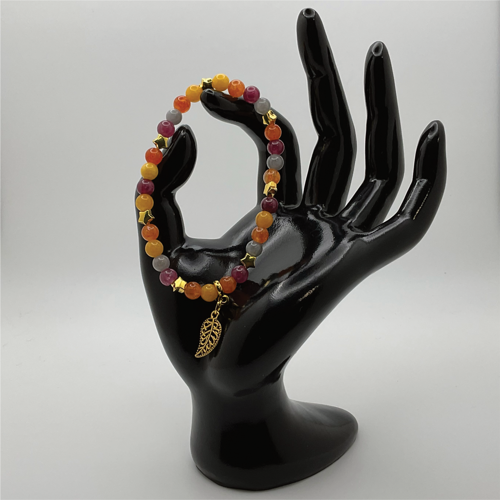 Pulsera de abalorios de hoja de ágata Vena de Dragón Naranja con espaciadores de estrella dorados