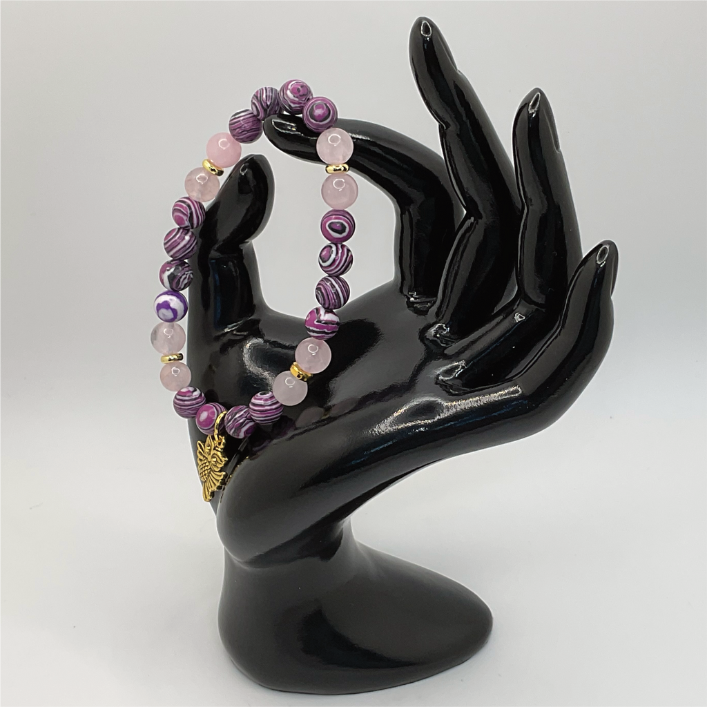 Purple Dragon Vein Rose Quartz Owl Charm Bracelet with Gold Spacers