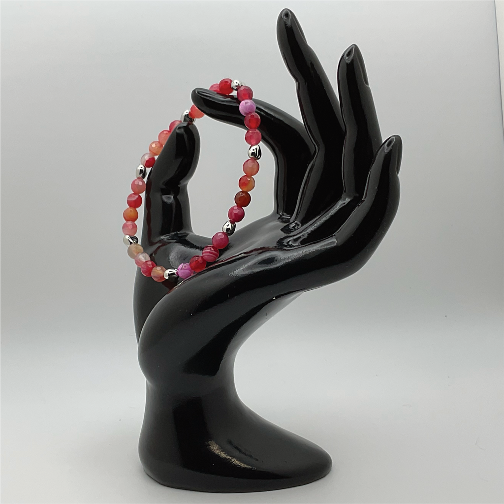 Pink Dragon Vein Agate Bracelet with Silver Heart Spacers