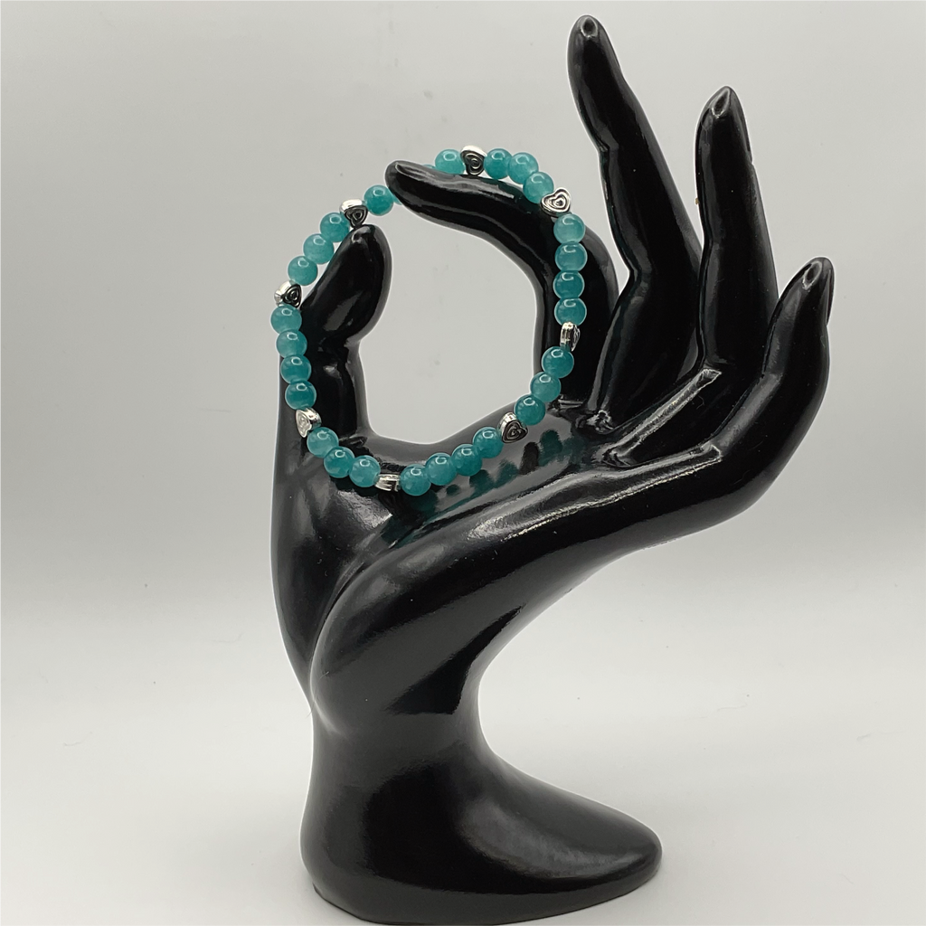 Teal Glass Bracelet with Silver Heart Spacers