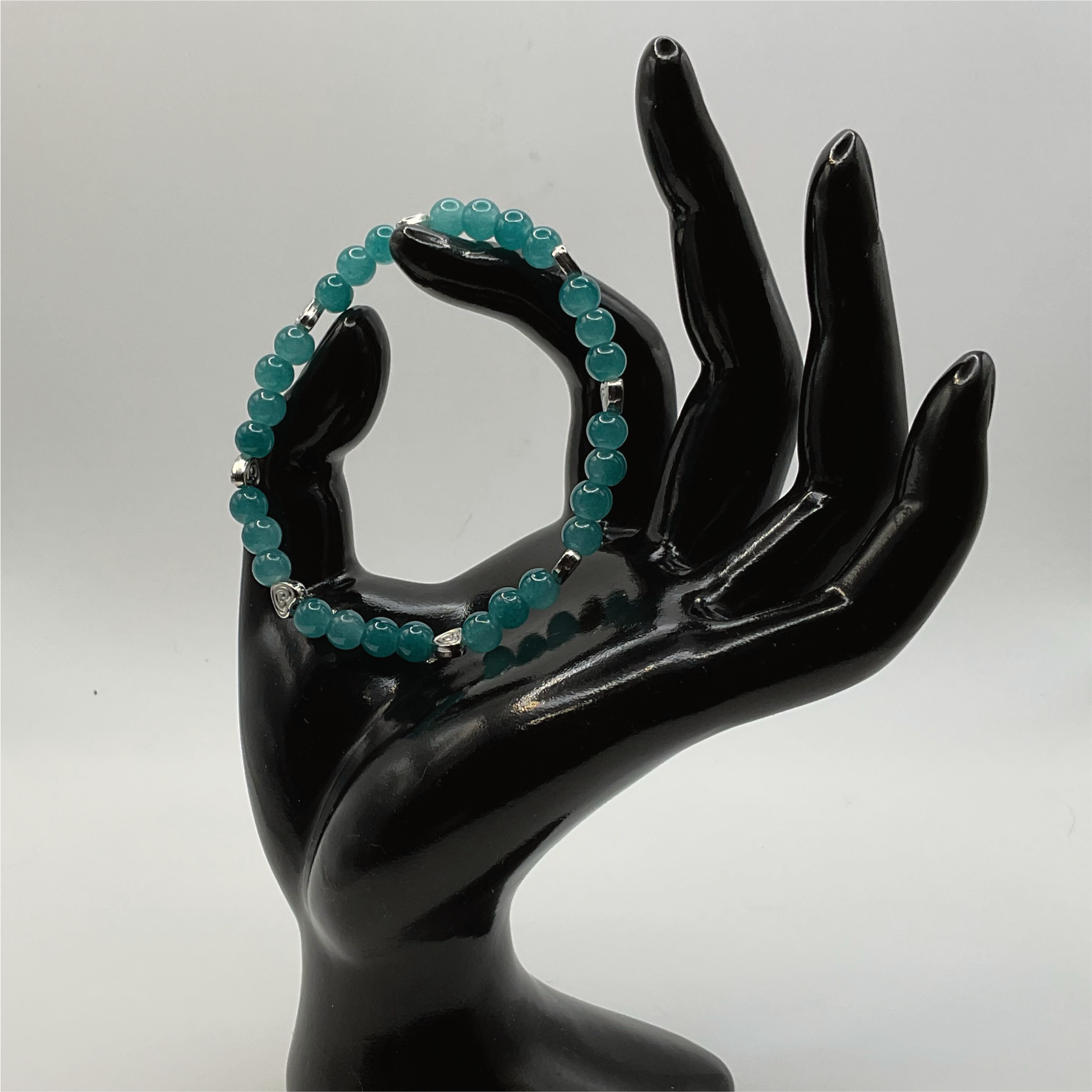 Aqua Glass Bracelet with Silver Heart Spacers