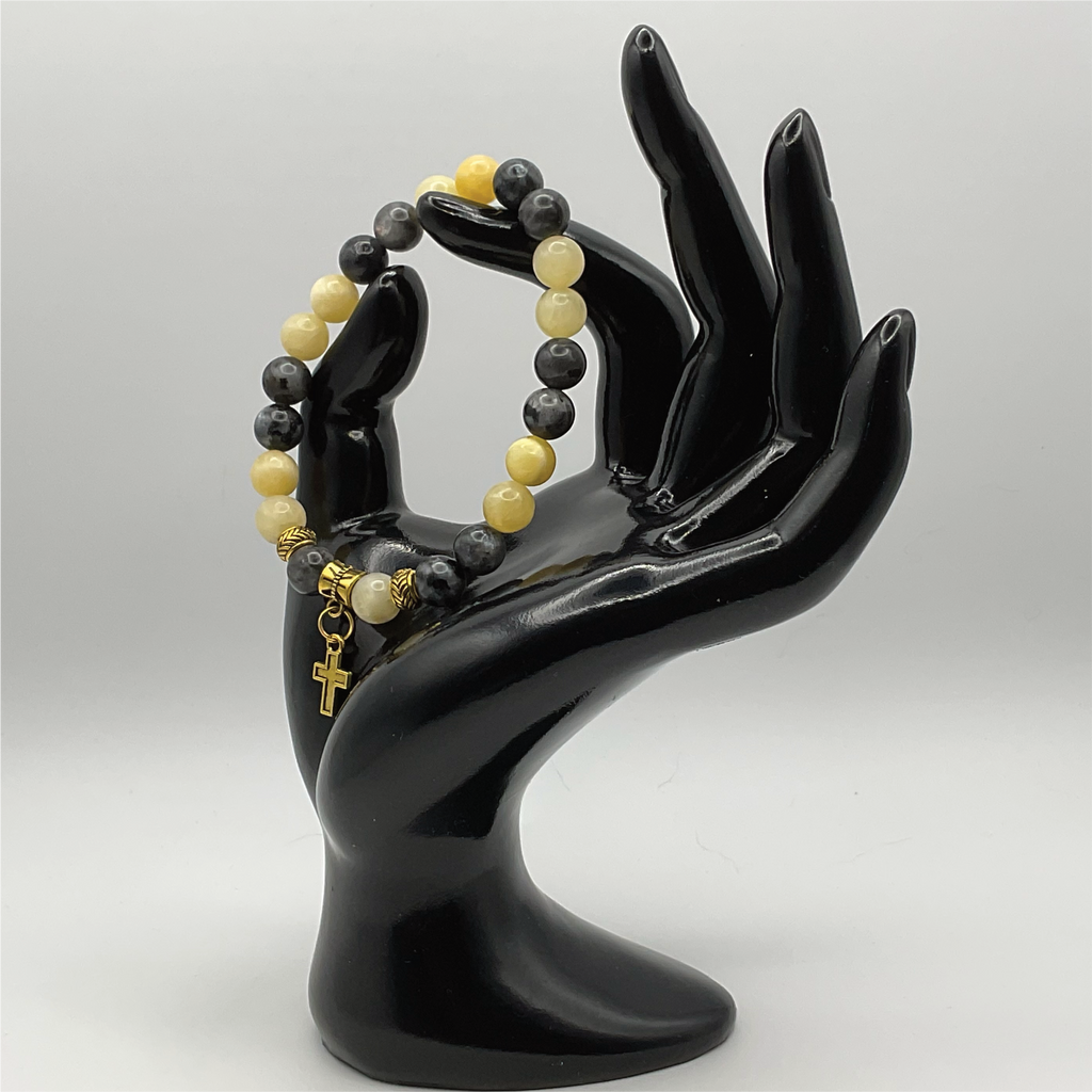 Serpentine Sodalite Cross Charm Bracelet with Gold Tone Spacers