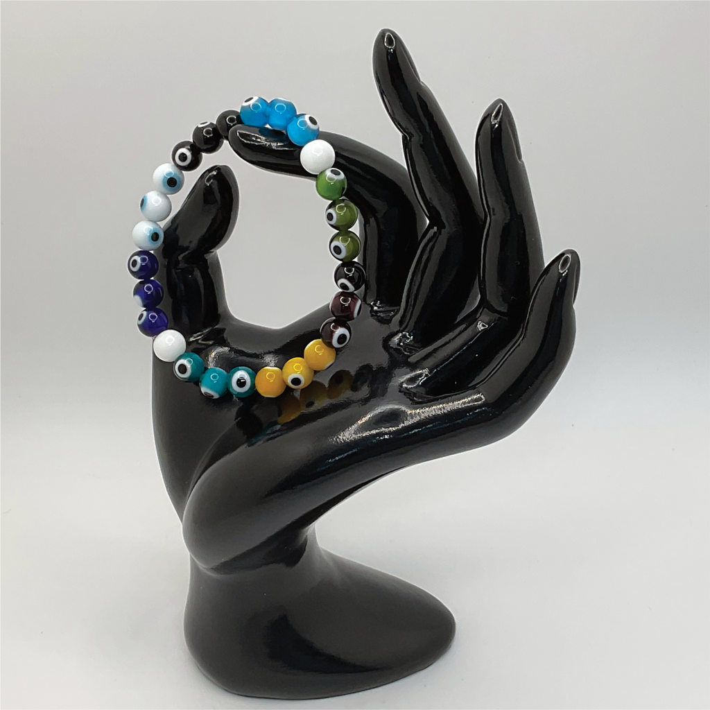 Blue Yellow Green Black Brown Teal Navy White Sea Glass Evil Eye Milky Quartz Bracelet