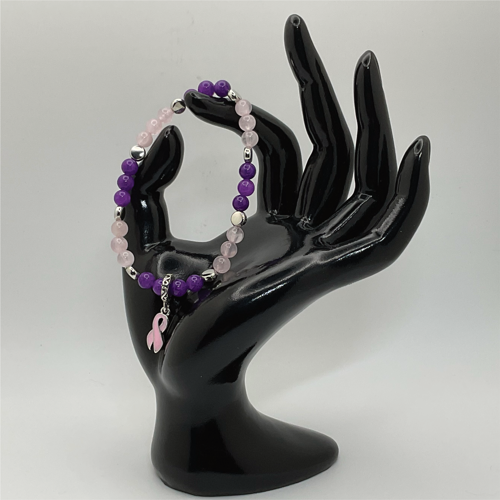 Rose Quartz Amethyst Breast Cancer Ribbon Charm Bracelet with Silver Disc Spacers