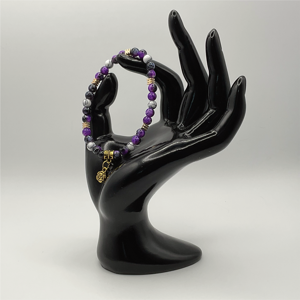 Purple Dragon Agate Magnesite Blossom Charm Bracelet with Gold Tone Spacers