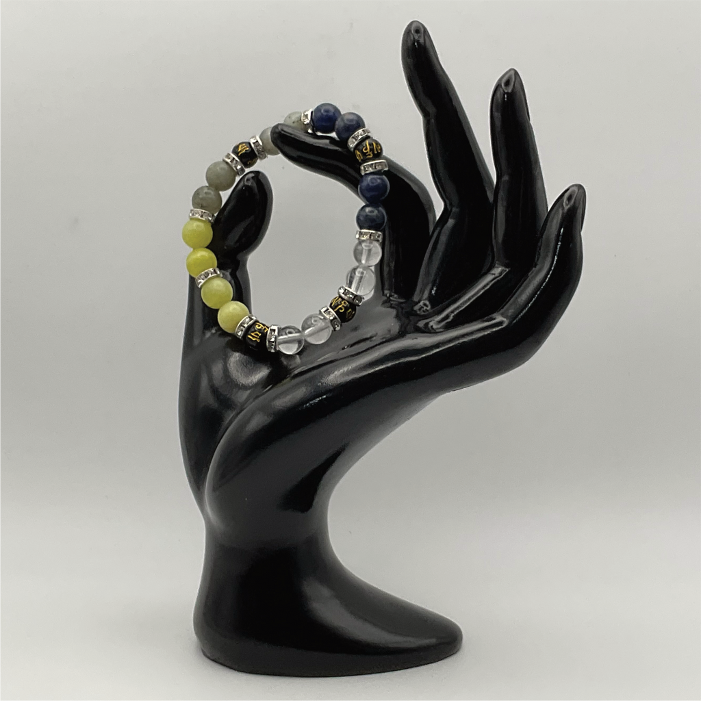 Pulsera Pixiu de Ágata Limón, Jaspe Azul, Cuarzo Transparente y Ónix con Separadores de Cristal