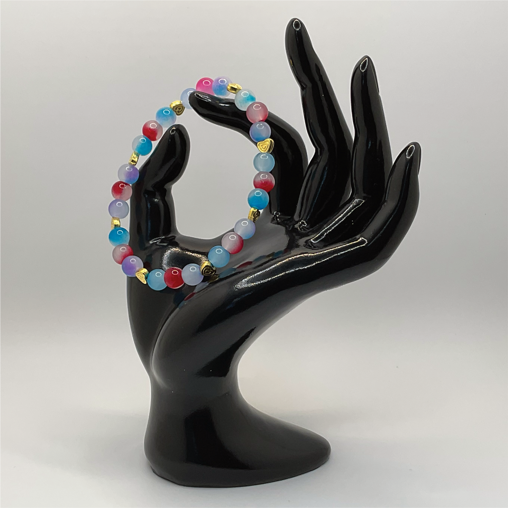 Pink Blue Dragon Vein Agate Bracelet with Gold Heart Spacers